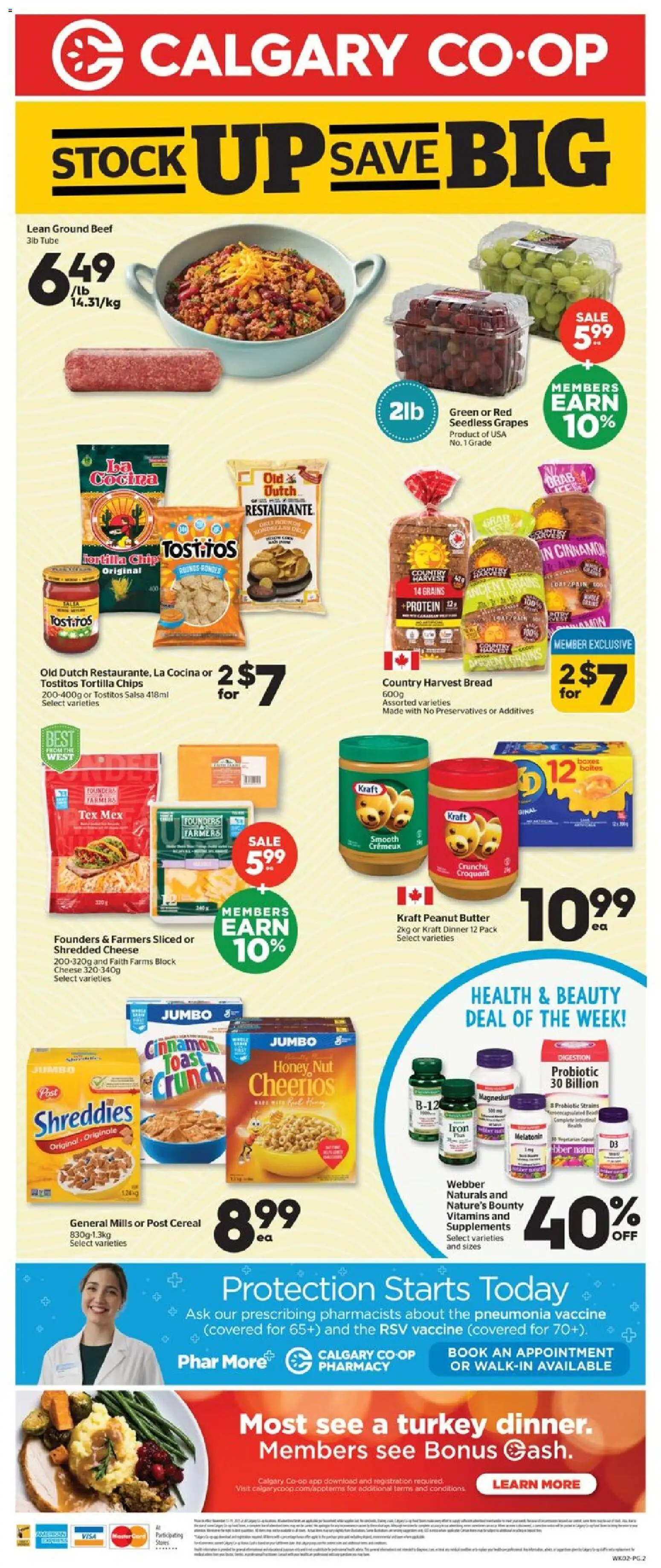 Calgary Co-op flyer valid from 13.11.2025 | Page: 2 | Products: Chips, Turkey, Cheese, Bread