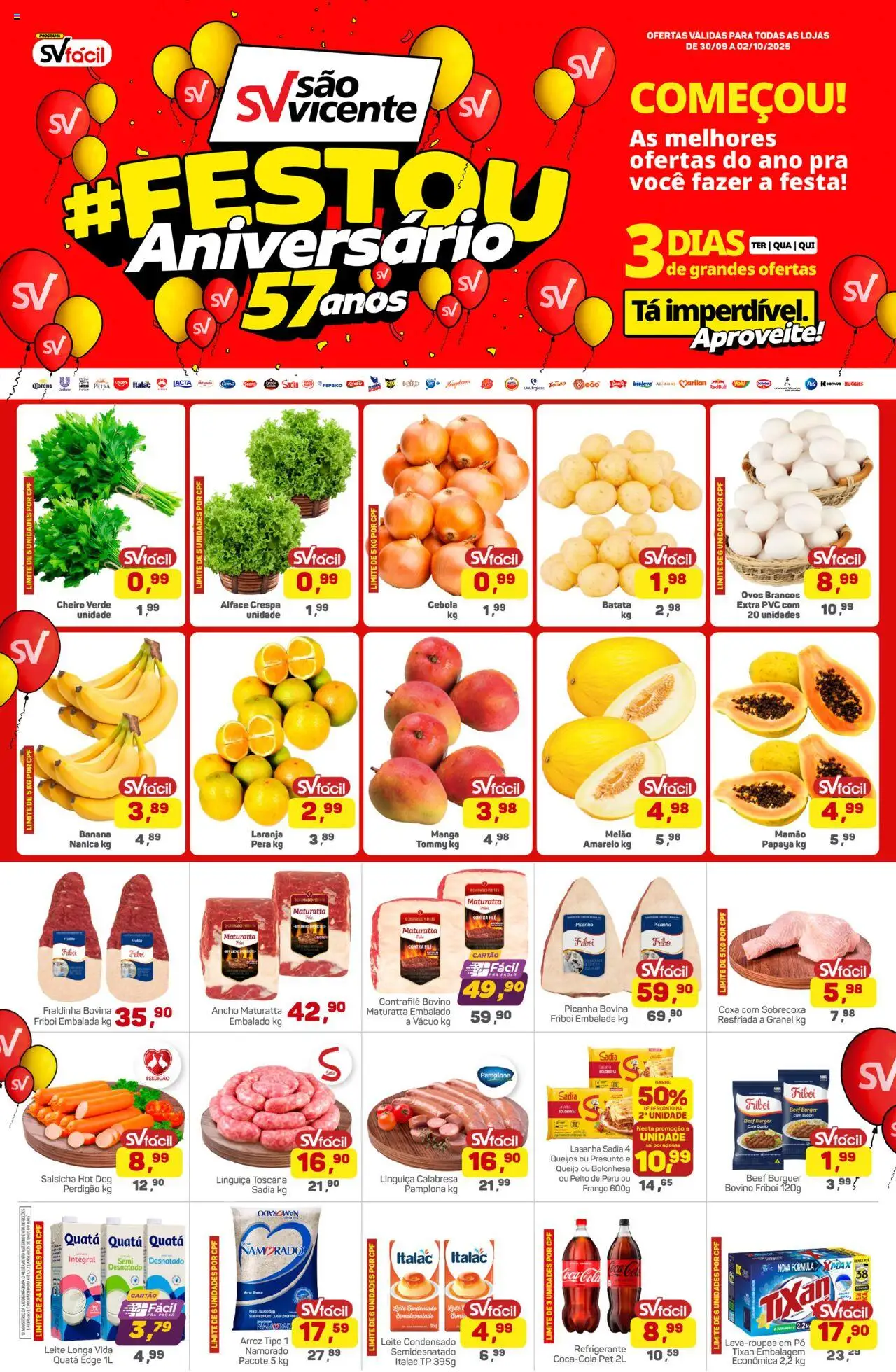 Supermercados São Vicente Folheto - válido de 30.09.2025 | Página: 1 | Produtos: Cebola, Queijo, Mamão, Frango