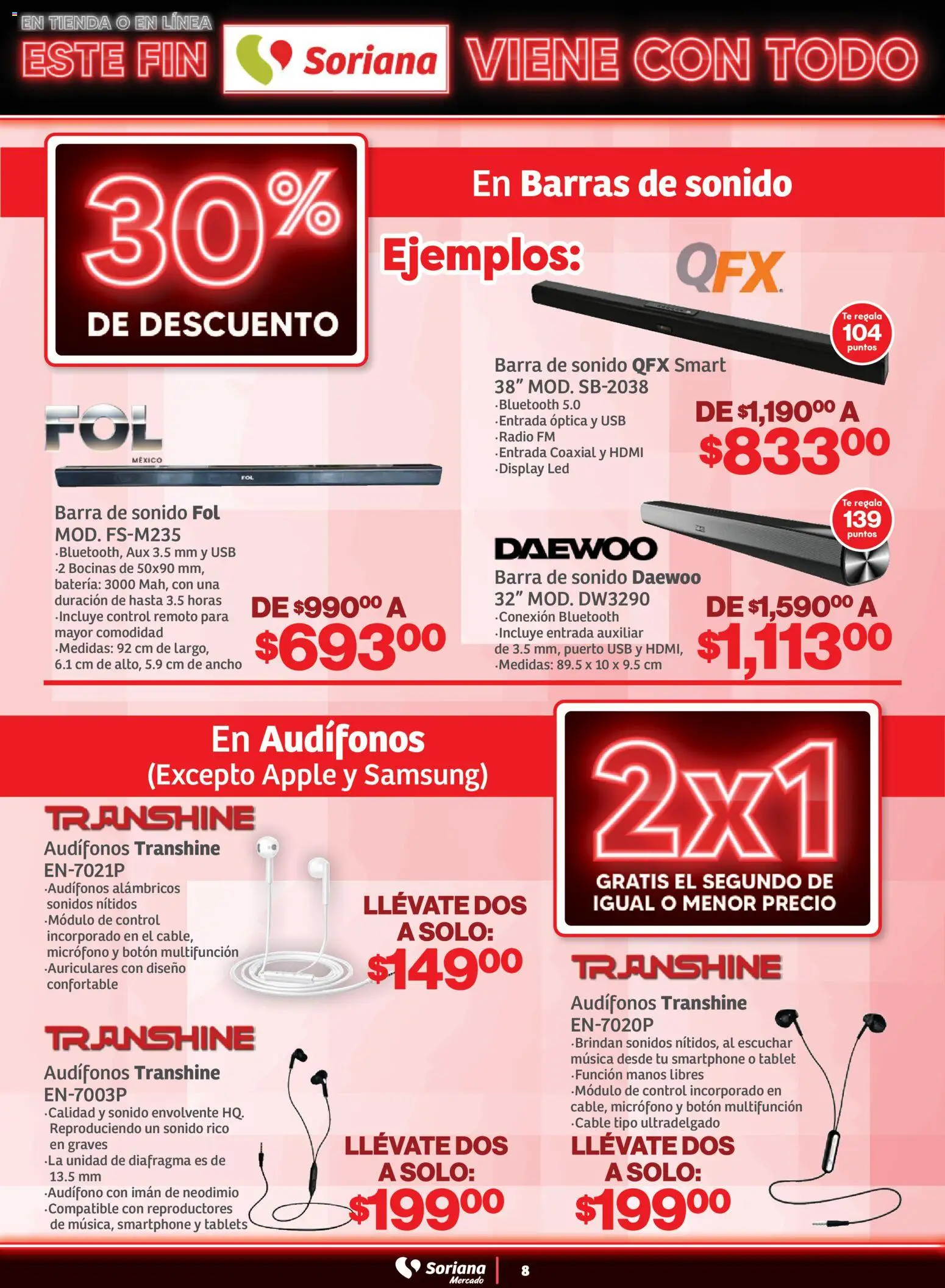 Nuevas ofertas de Soriana válidas en toda la República Mexicana desde el 29.10.2025. ¡Encuentra las mejores ofertas en Soriana - Este fin Soriana viene con todo Mercado Nacional! | Página: 8 | Productos: Audífonos, Control remoto, Micrófono, Barra
