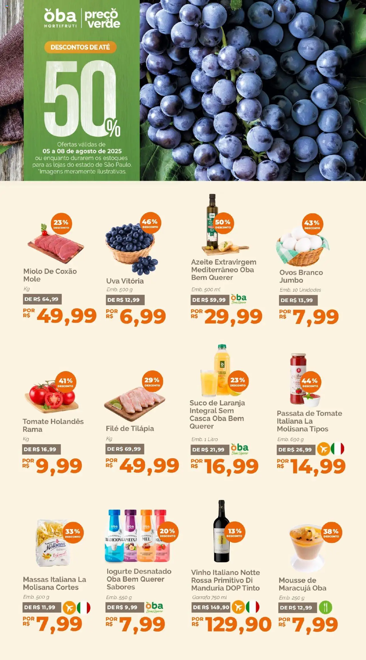 Oba Hortifruti Folheto - válido de 05.08.2025 | Página: 1 | Produtos: Mousse, Tilápia, Suco, Azeite