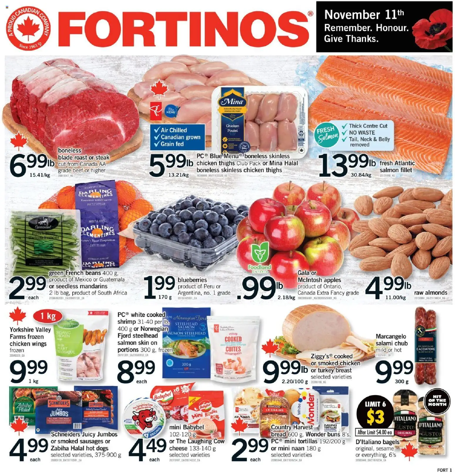 Fortinos flyer valid from 06.11.2025 | Page: 1 | Products: Beef, Turkey, Bread, Salami