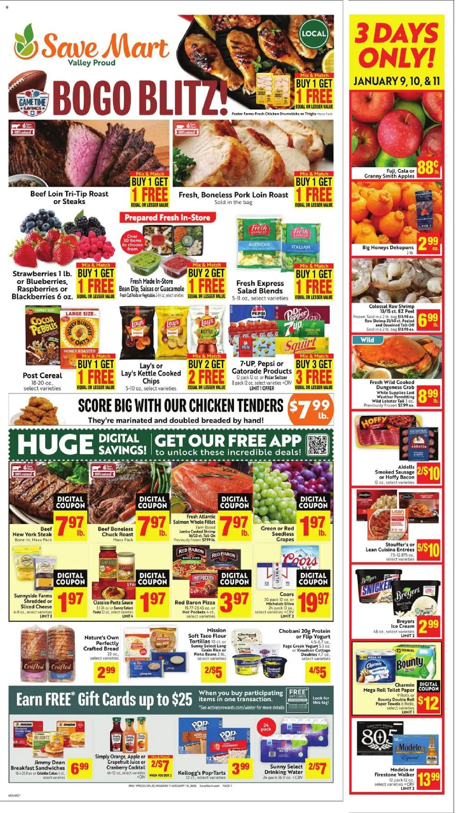Save Mart Weekly - CA - valid from 07.01.2026 | Page: 1 | Products: Cheese, Water, Lime, Oven