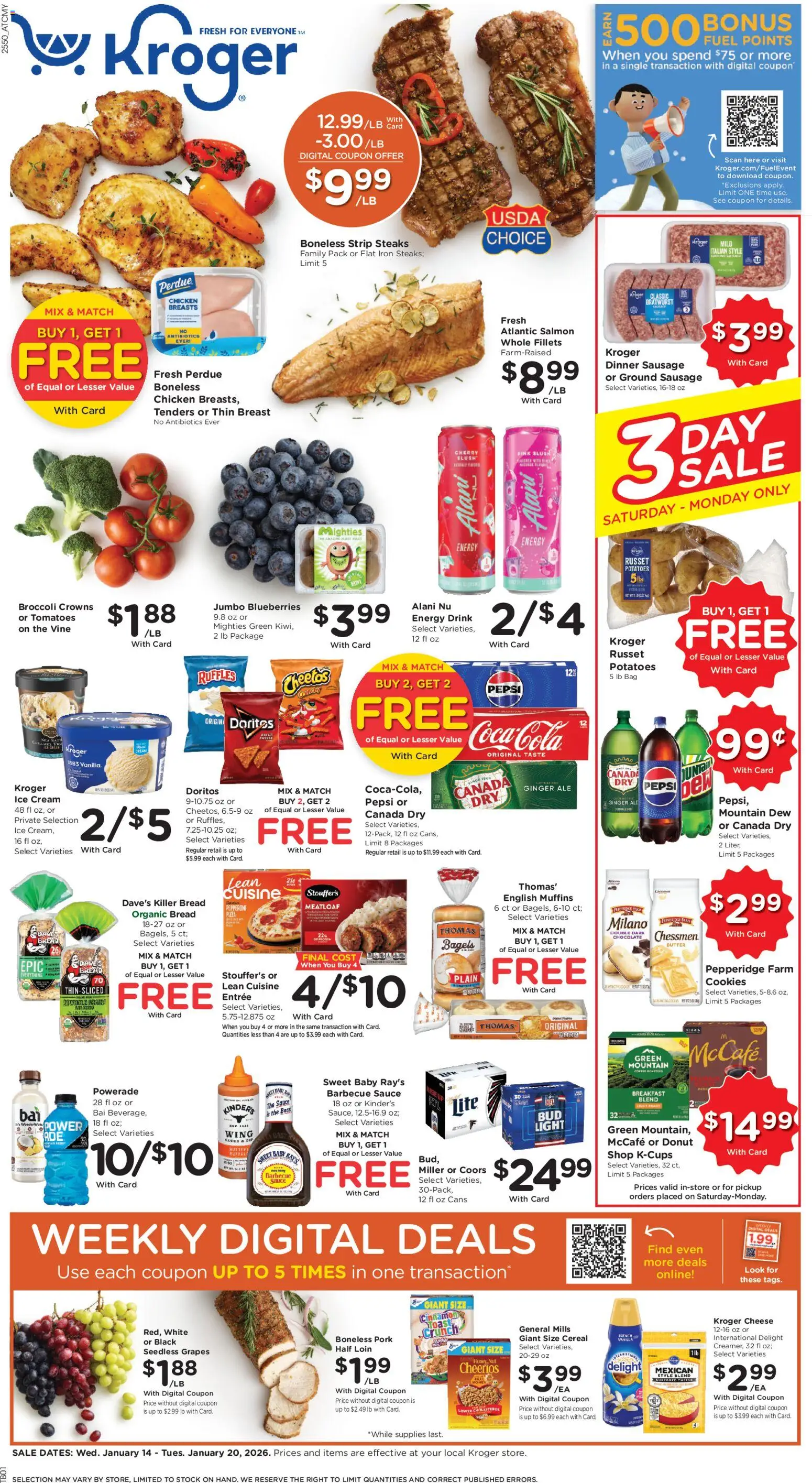 Kroger Weekly Ad - valid from 14.01.2026 | Page: 1 | Products: Cheese, Bread, Pork, Blueberries
