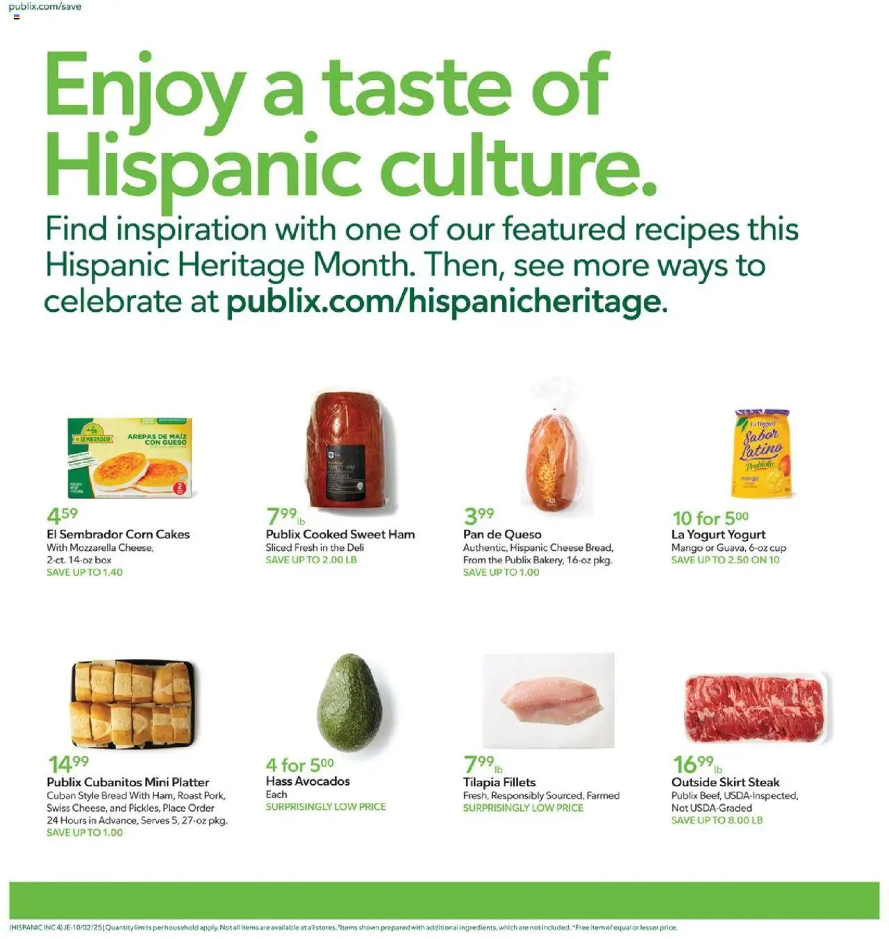 Publix Hispanic Ad - valid from 02.10.2025 | Page: 4 | Products: Box, Pan, Yogurt, Ham