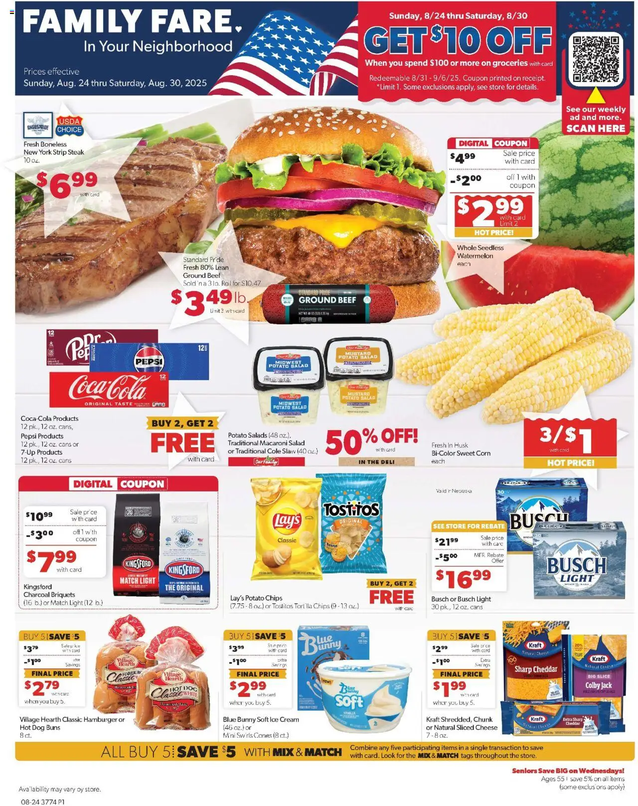Family Fare Weekly Ad - valid from 24.08.2025 | Page: 1 | Products: Corn, Chips, Salad, Watermelon