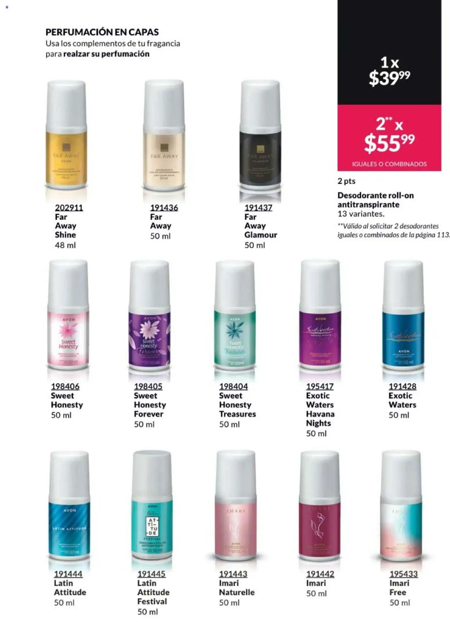 Nuevas ofertas de AVON válidas en toda la República Mexicana desde el 13.03.2026. ¡Encuentra las mejores ofertas en AVON campaña 5 2026! | Página: 113 | Productos: Desodorante, Antitranspirante, Fragancia