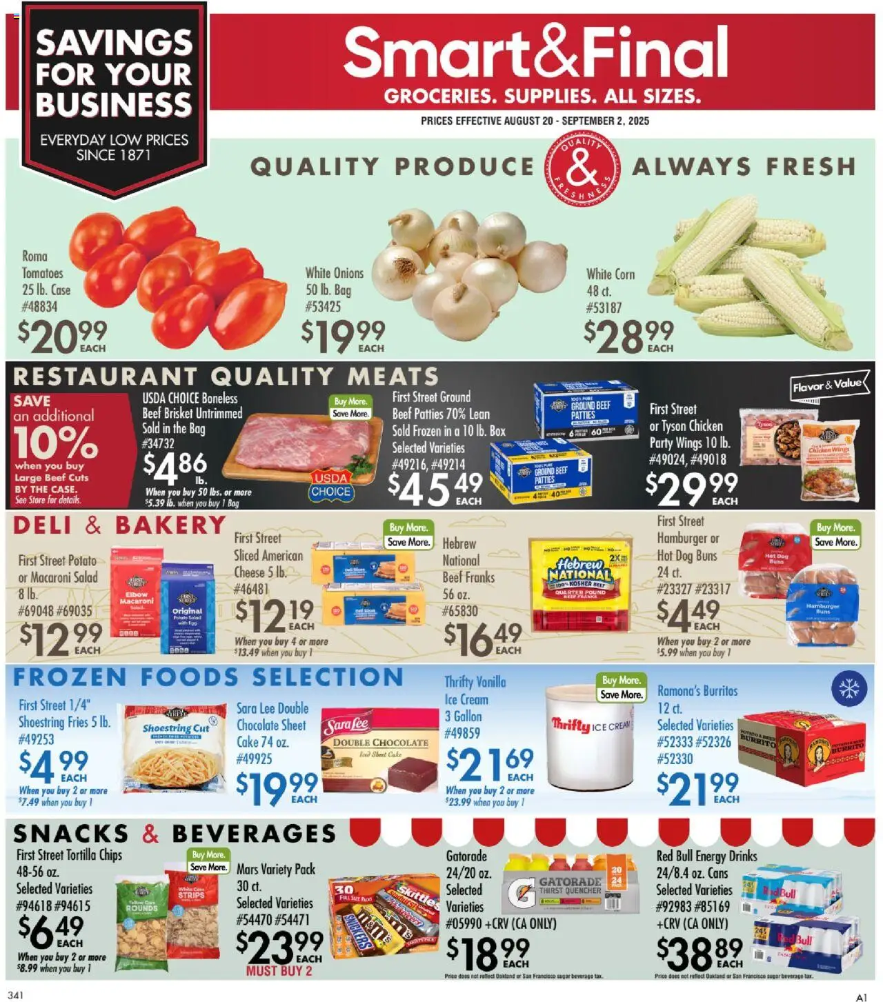 Smart & Final Business & Club Savings - valid from 19.08.2025 | Page: 1 | Products: Beef, Chips, Ice cream, Sugar
