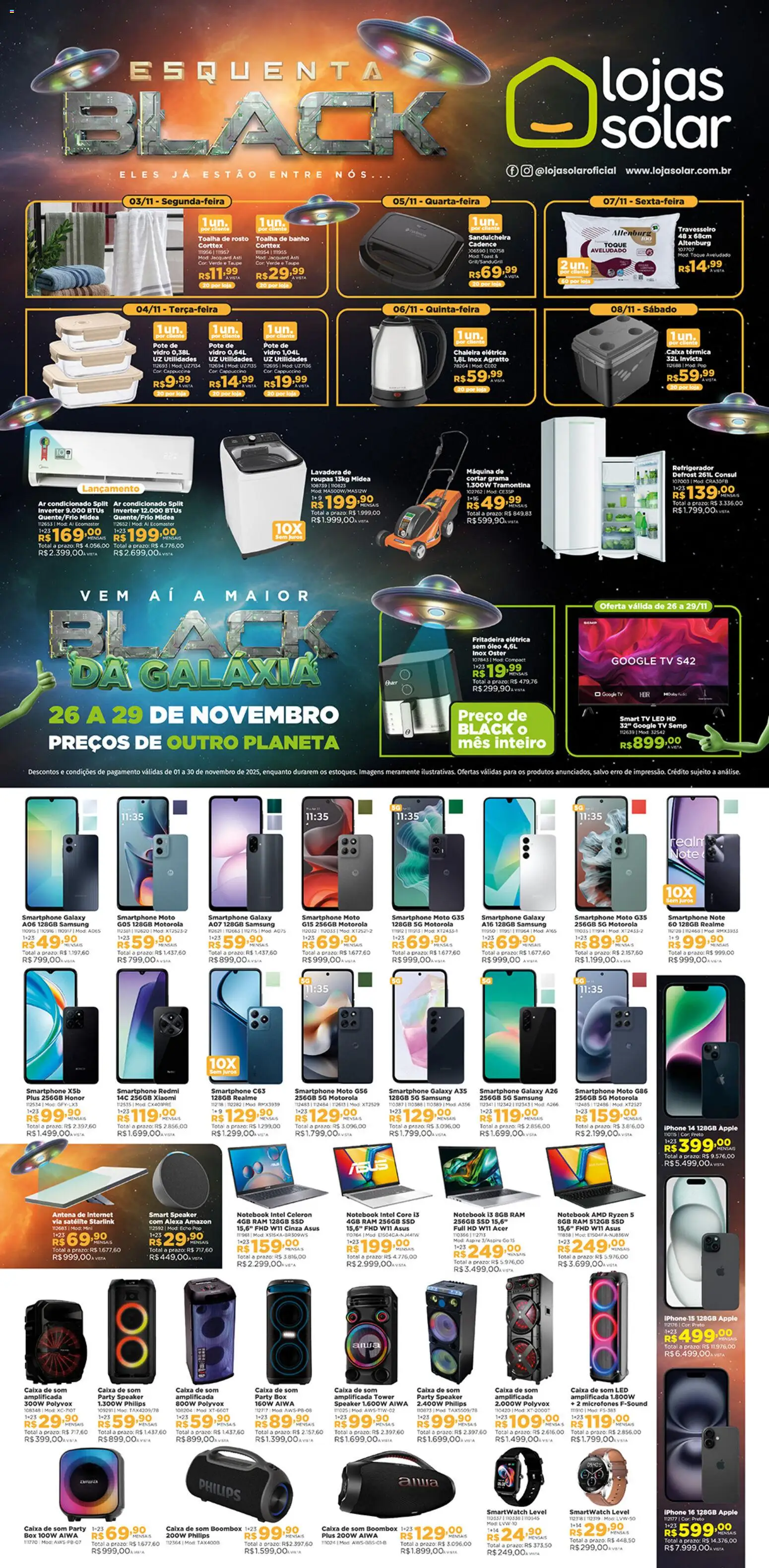 Lojas Solar Folheto - válido de 01.11.2025 | Página: 1 | Produtos: Chaleira elétrica, Óleo, Toalha de banho, Smartphone