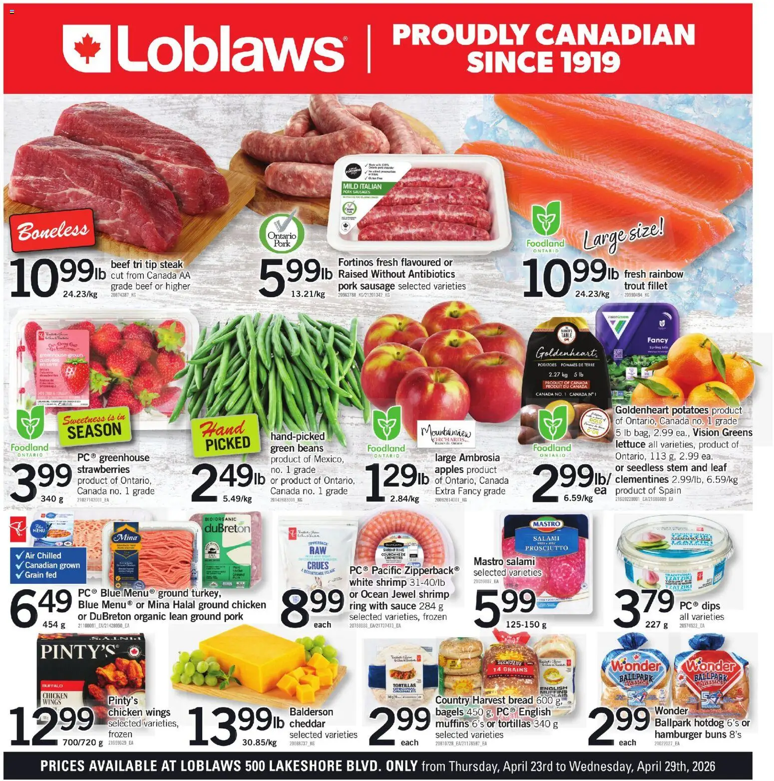 Loblaws flyer valid from 23.04.2026 | Page: 1 | Products: Beef, Potatoes, Chicken, Pork