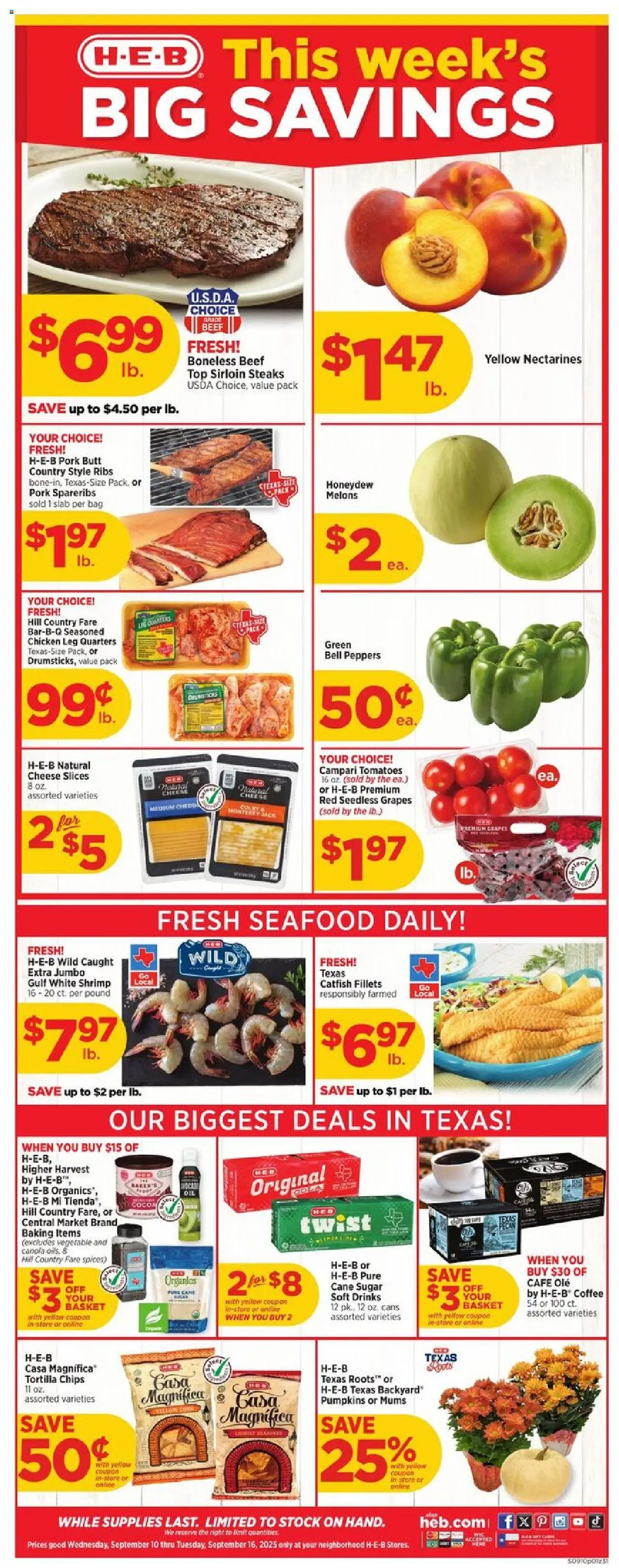 H-E-B Weekly Ad - valid from 10.09.2025 | Page: 1 | Products: Basket, Pork, Grapes, Bag