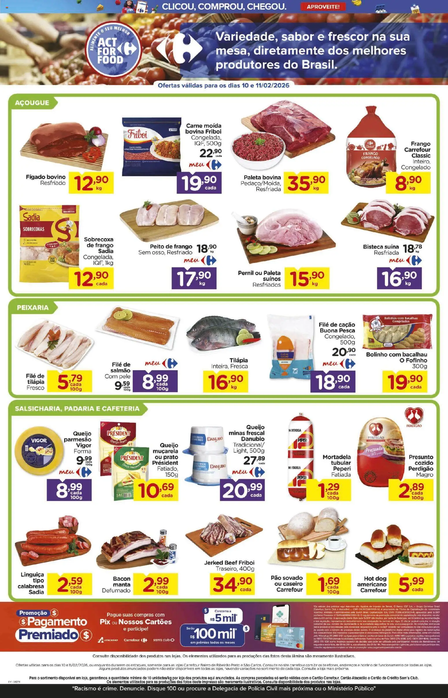 Carrefour Bairro Folheto - válido de 10.02.2026 | Página: 2 | Produtos: Queijo, Mortadela, Peito de frango, Carne moida friboi