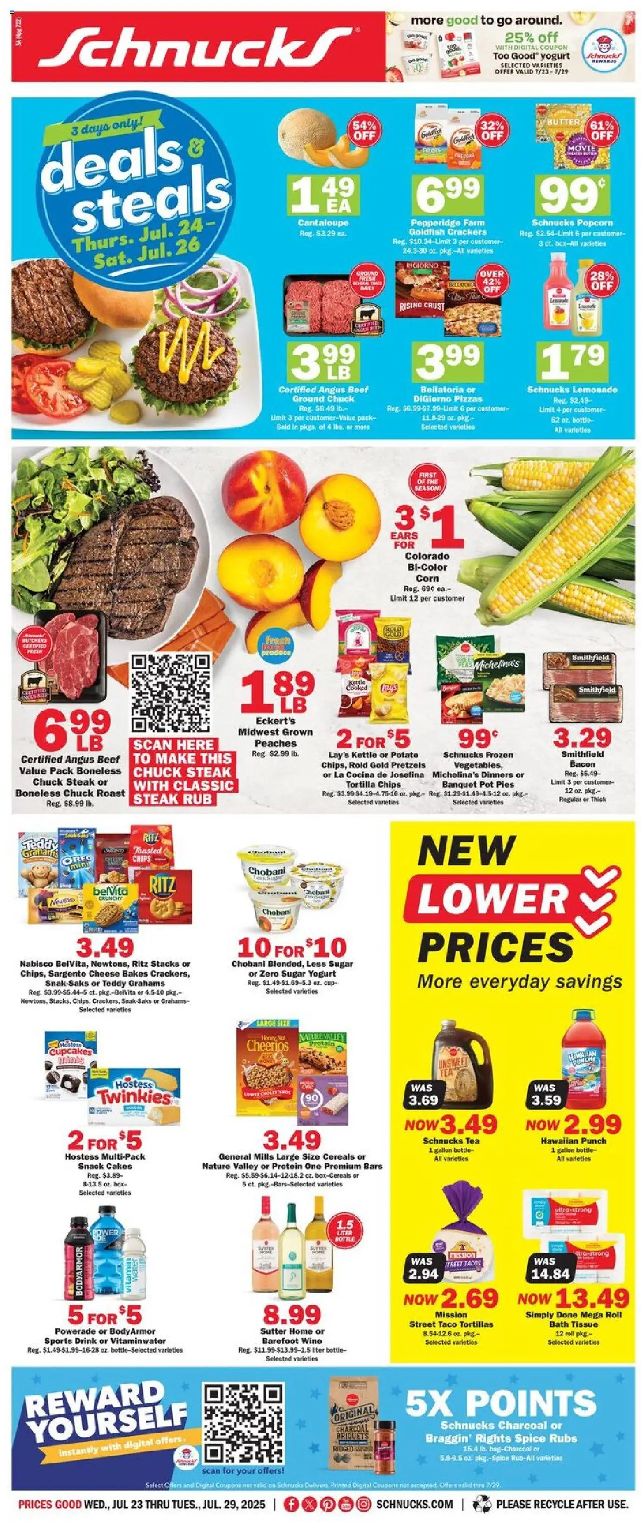 Schnucks Weekly Ad - IL - valid from 23.07.2025 | Page: 1 | Products: Corn, Peaches, Bath, Wine
