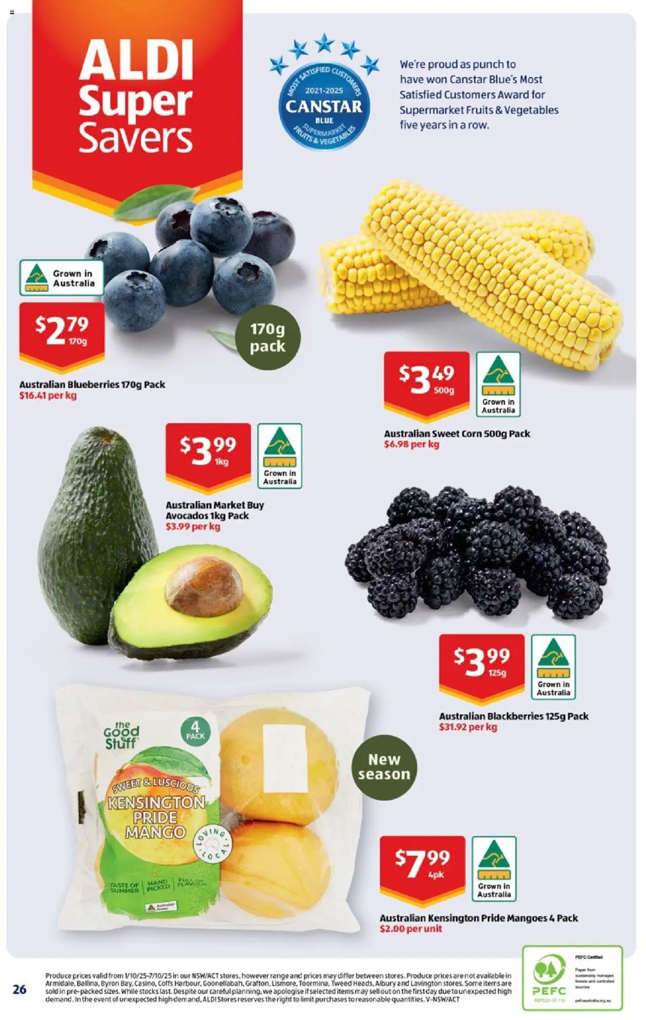 Aldi catalogue - valid from 08.10.2025 | Page: 26 | Products: Vegetables, Fruits, Mango, Blueberries