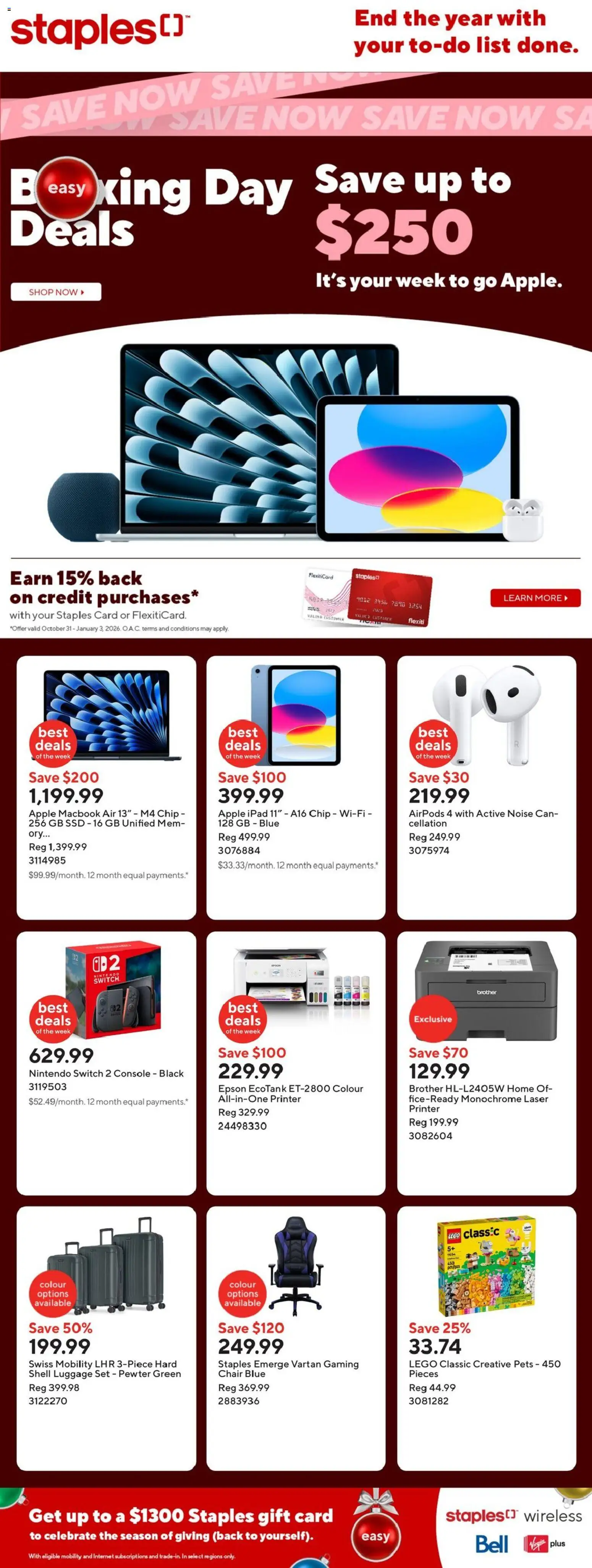 Staples flyer valid from 25.12.2025 | Page: 1 | Products: Luggage, Printer, Chair