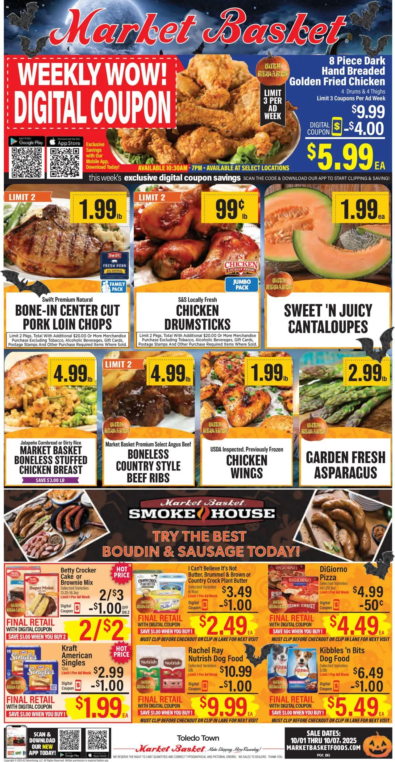 Market Basket Weekly Ad - valid from 01.10.2025 | Page: 1 | Products: Cantaloupes, Basket, Pizza, Pork