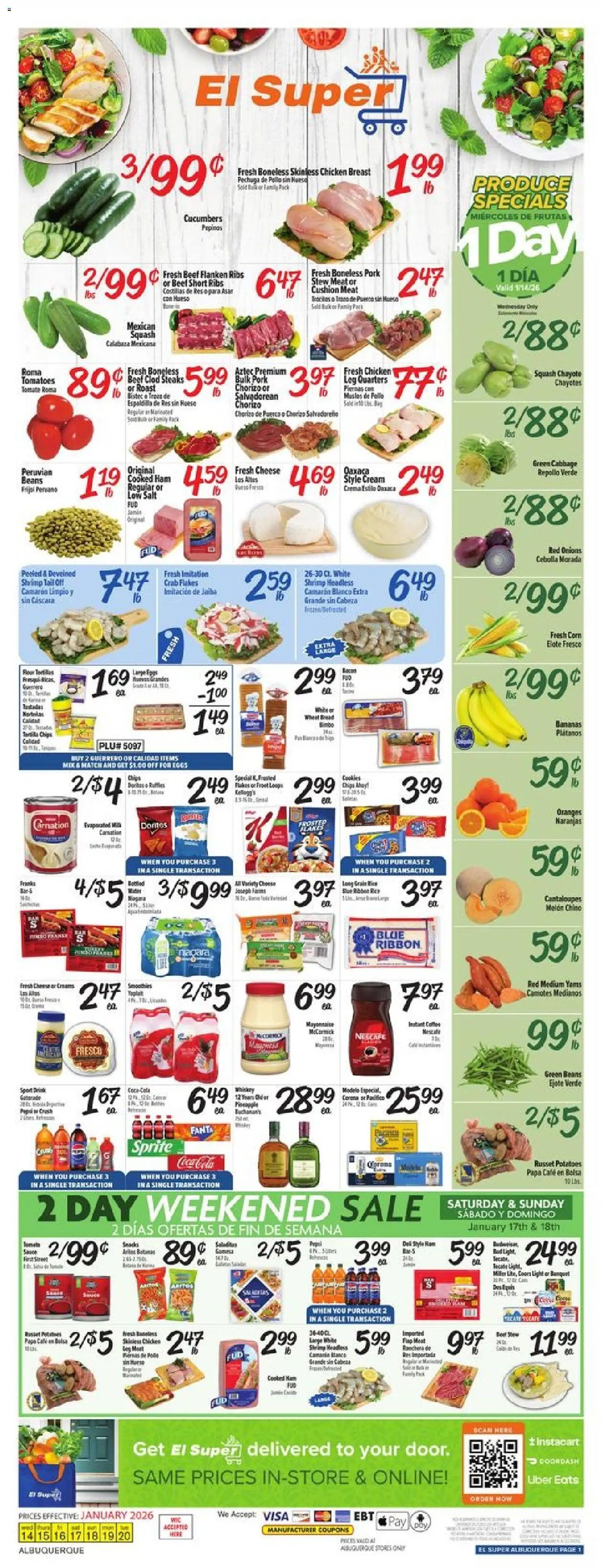 El Super Weekly Ad - NM - valid from 14.01.2026 | Page: 1 | Products: Corn, Squash, Oranges, Cream
