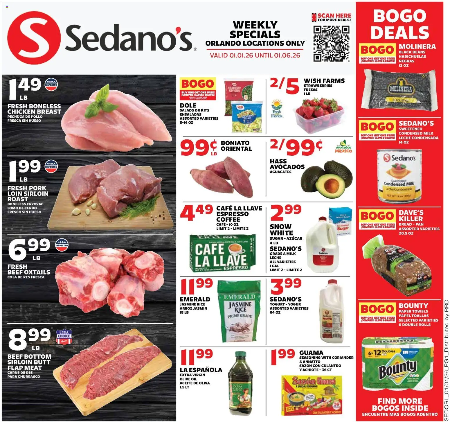 Sedano's Weekly Ad - valid from 01.01.2026 | Page: 1 | Products: Coffee, Beef, Strawberries, Sugar