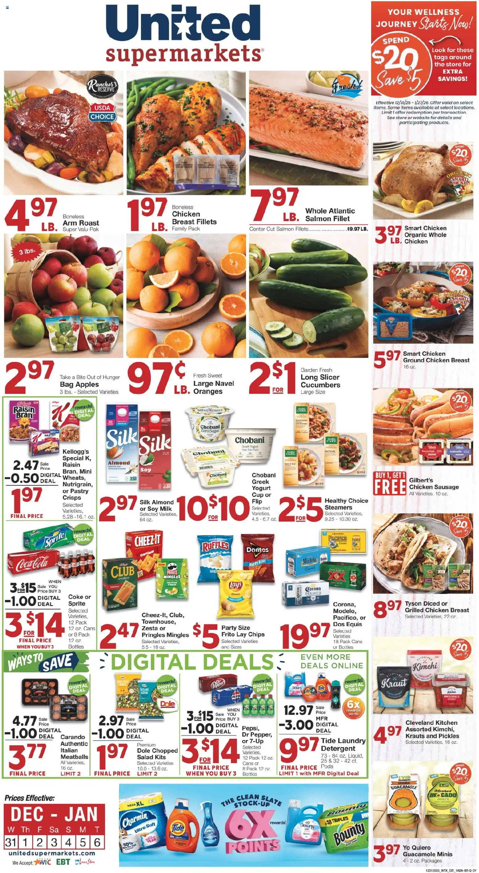 United Supermarkets Weekly Ad - valid from 30.12.2025 | Page: 1 | Products: Chips, Salad, Sausage, Slicer