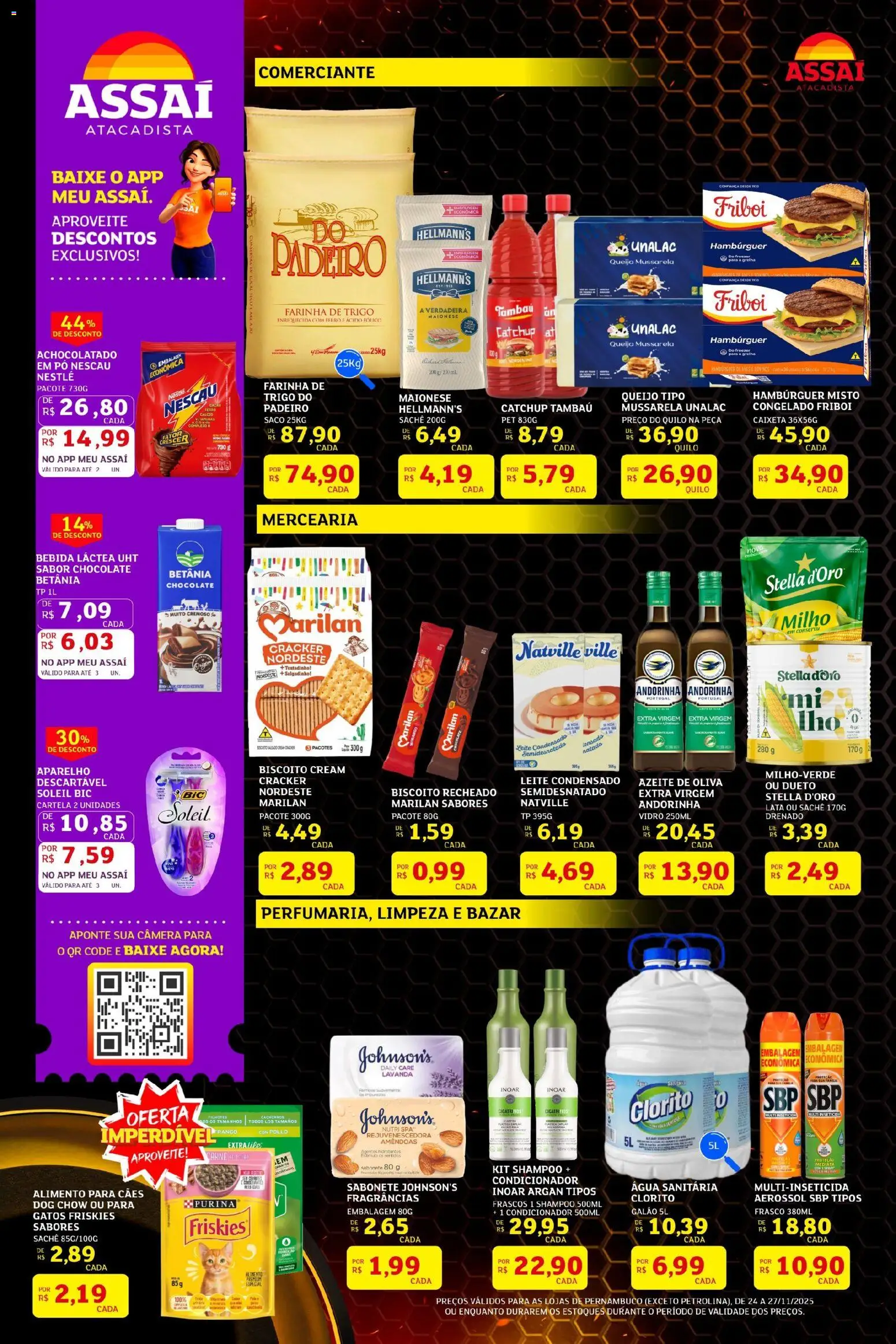 Assaí Atacadista Folheto - válido de 24.11.2025 | Página: 2 | Produtos: Leite, Hambúrguer, Biscoito recheado, Mussarela