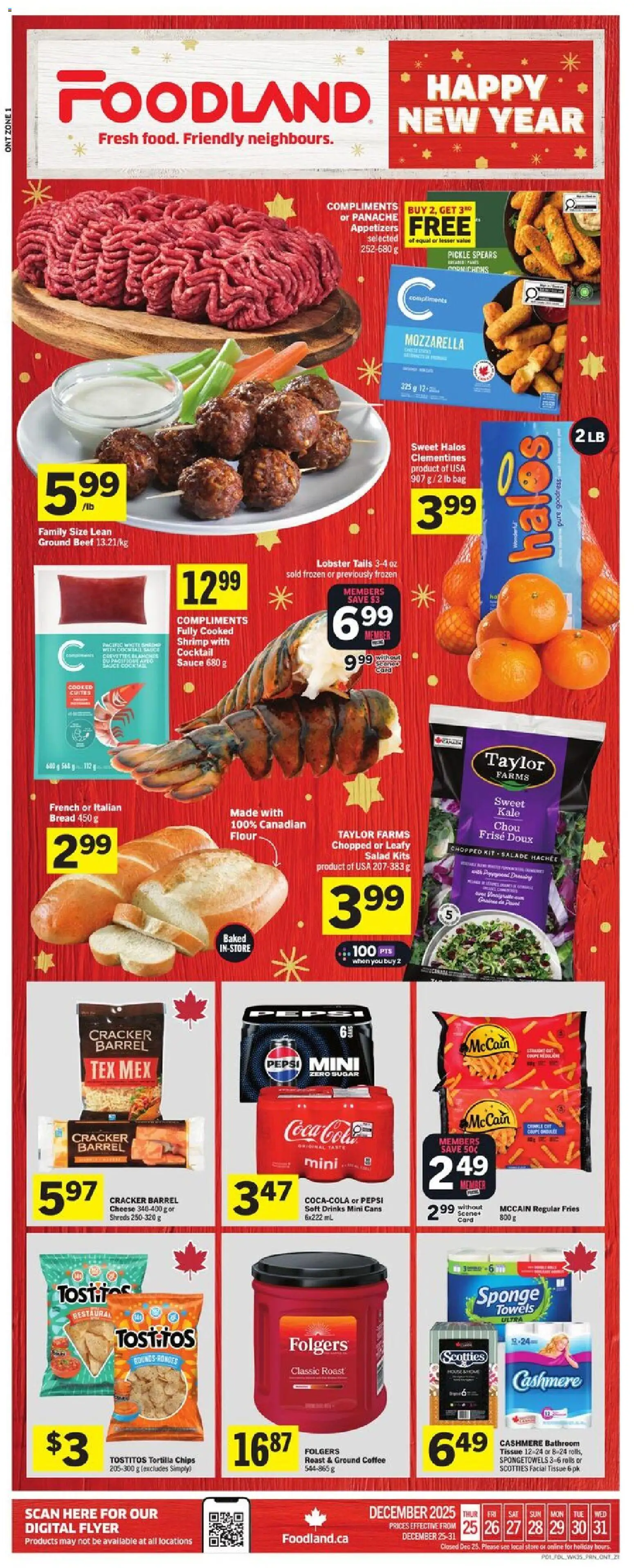 Foodland flyer valid from 25.12.2025 | Page: 1 | Products: Beef, Chips, Cheese, Coffee
