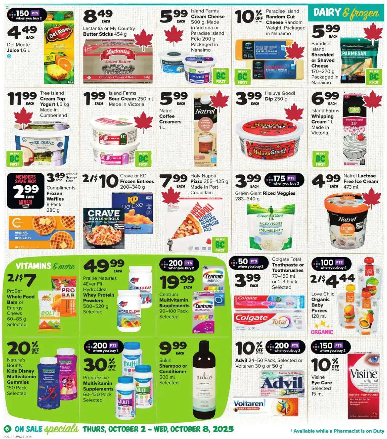 Thrifty Foods flyer valid from 02.10.2025 | Page: 7 | Products: Toothpaste, Yogurt, Pizza, Juice