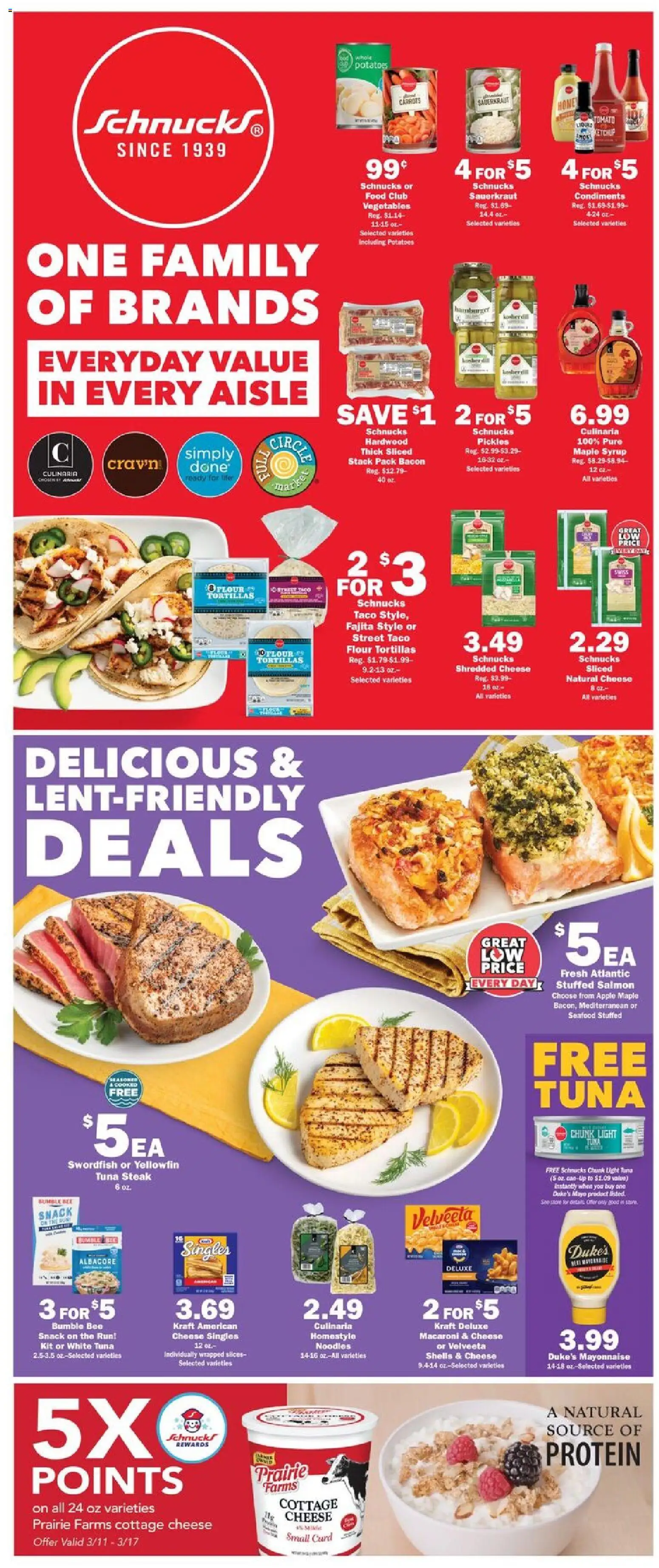 Schnucks Weekly Ad - valid from 11.03.2026 | Page: 2 | Products: Noodles, Cottage cheese, Mayonnaise, Seafood