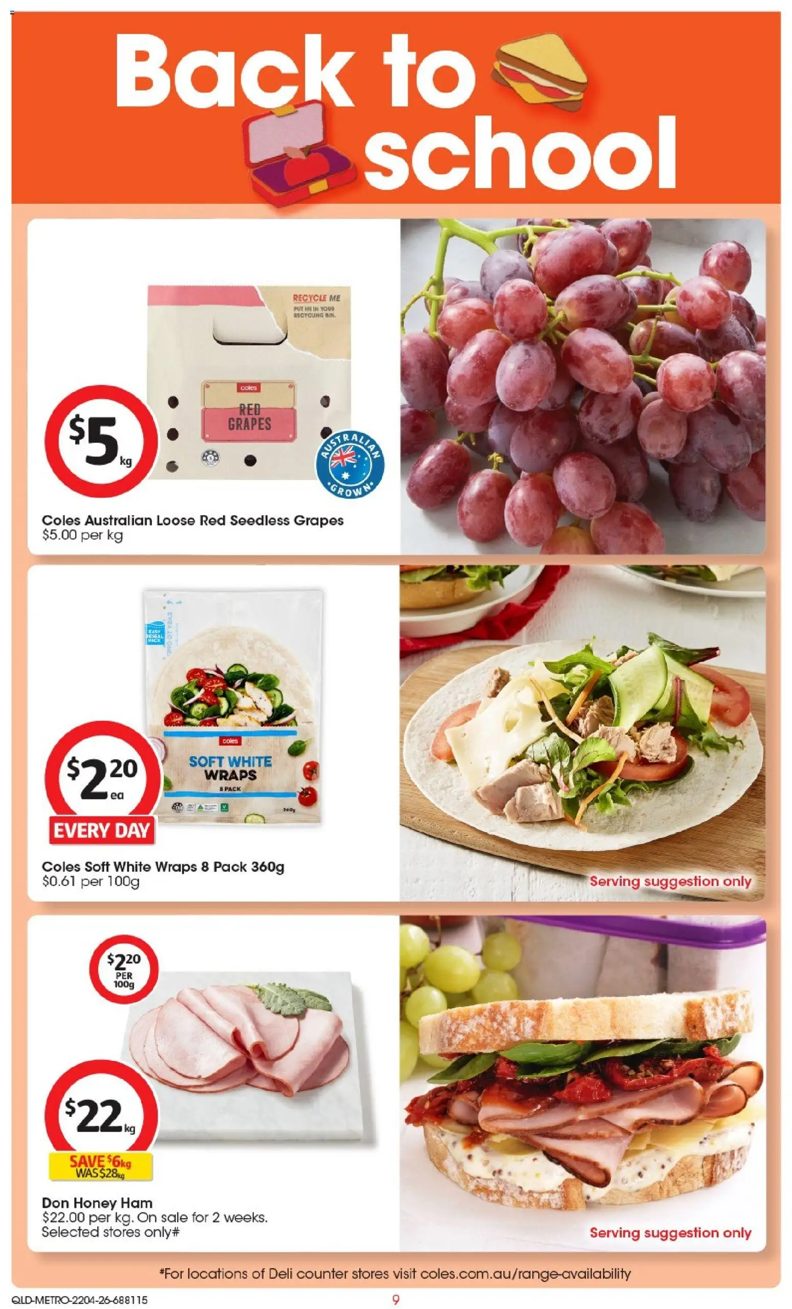 Coles catalogue - valid from 22.04.2026 | Page: 9 | Products: Ham, Honey, Grapes