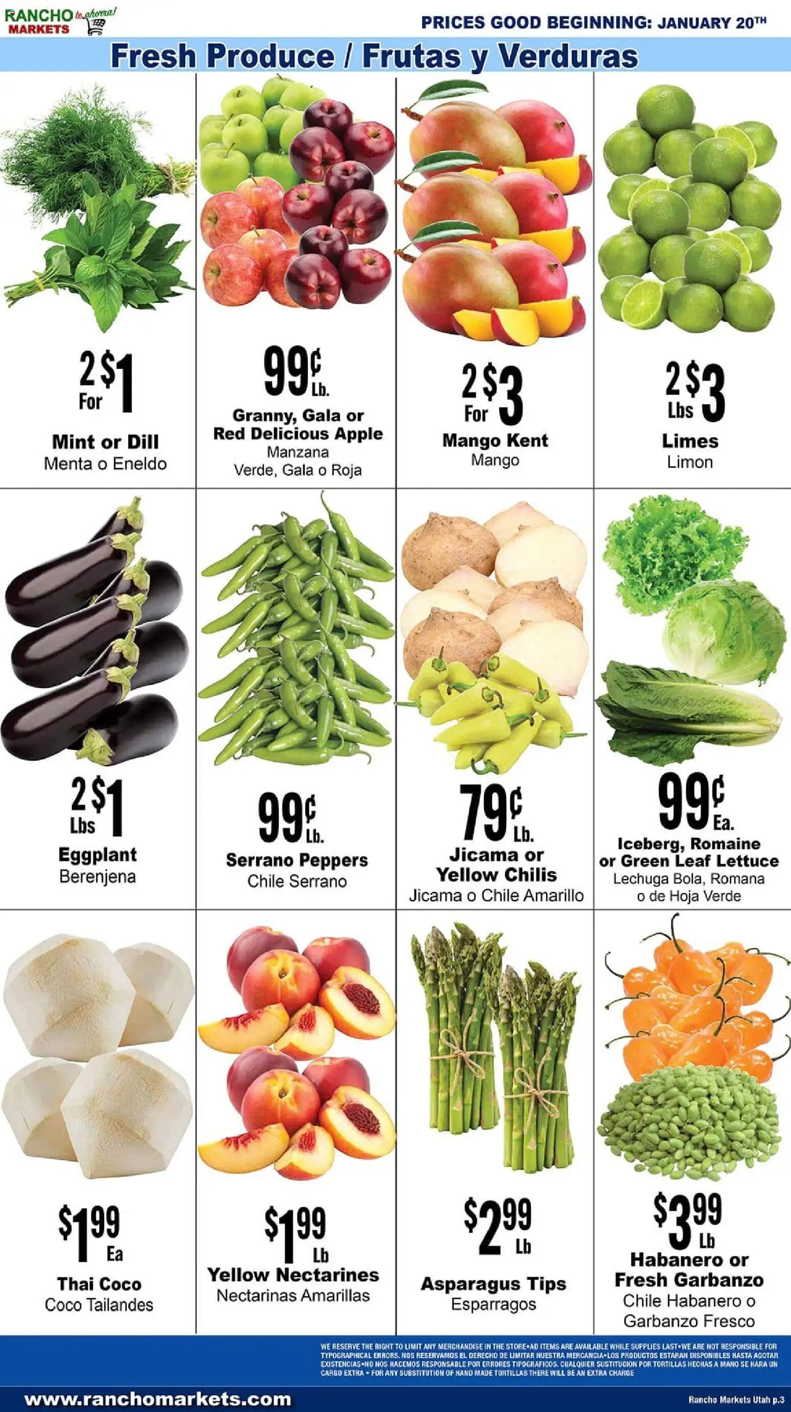 Rancho Markets Weekly Ad - valid from 20.01.2026 | Page: 3 | Products: Romaine, Asparagus, Mango, Eggplant