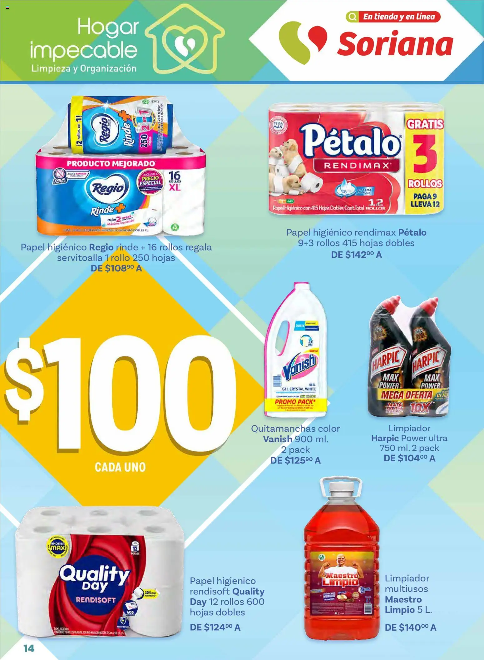 Nuevas ofertas de Soriana válidas en toda la República Mexicana desde el 02.01.2026. ¡Encuentra las mejores ofertas en Soriana folleto! | Página: 14 | Productos: Quitamanchas, Limpiador, Papel higiénico, Té