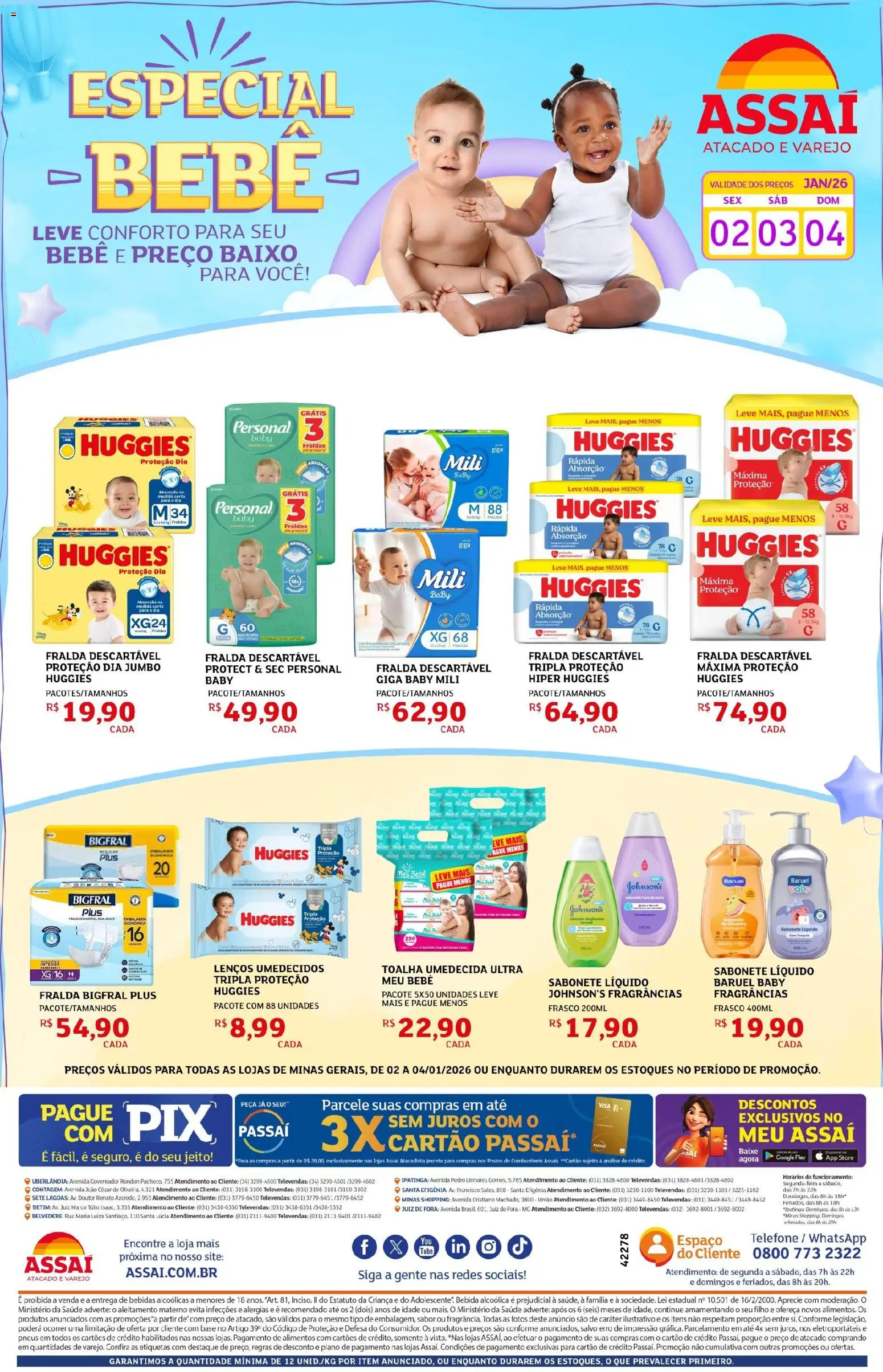 Assaí Atacadista Folheto - válido de 02.01.2026 | Página: 1 | Produtos: Baixo, Bebida, Telefone, Sabonete líquido
