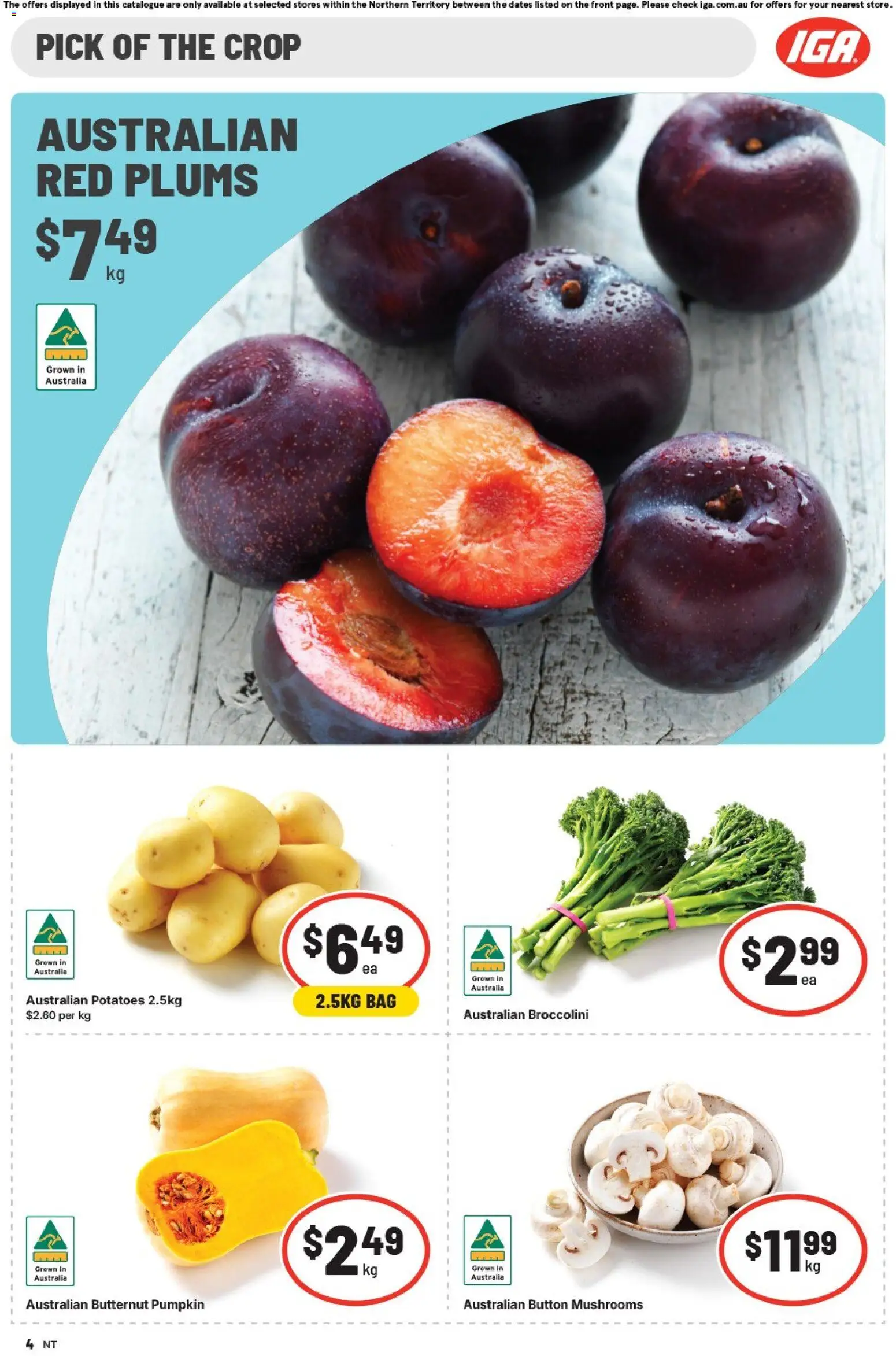 IGA catalogue - valid from 28.01.2026 | Page: 4 | Products: Mushrooms, Potatoes, Plums, Bag