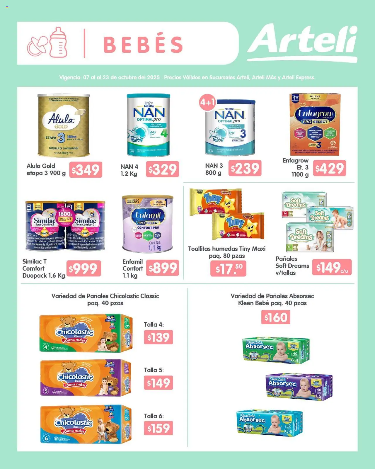 Nuevas ofertas de Arteli válidas en toda la República Mexicana desde el 07.10.2025. ¡Encuentra las mejores ofertas en Arteli - Folleto Quincenal! | Página: 13 | Productos: Toallitas húmedas, Leche, Pañales