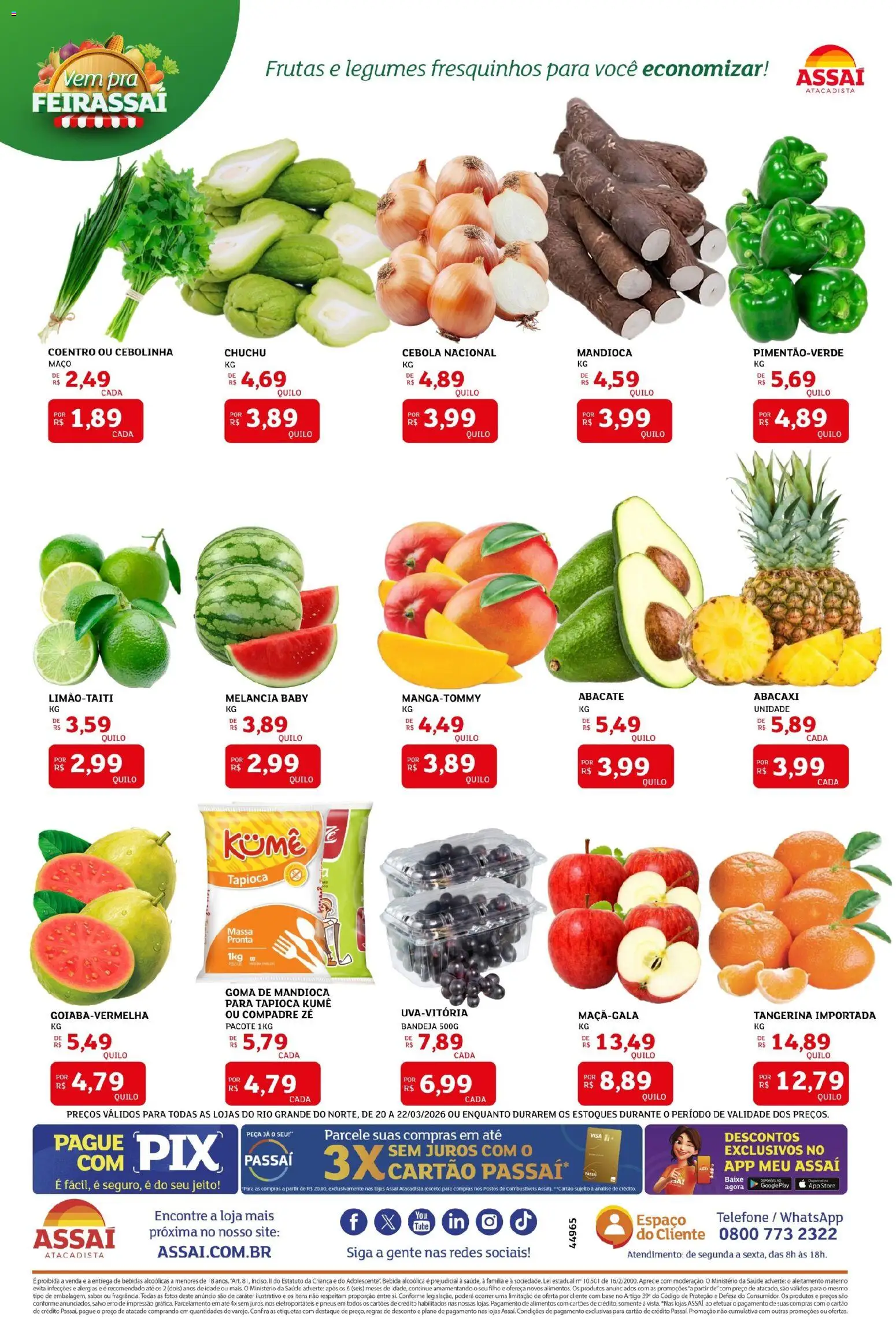 Assaí Atacadista Folheto - válido de 20.03.2026 | Página: 3 | Produtos: Mandioca, Abacaxi, Bebida, Bandeja