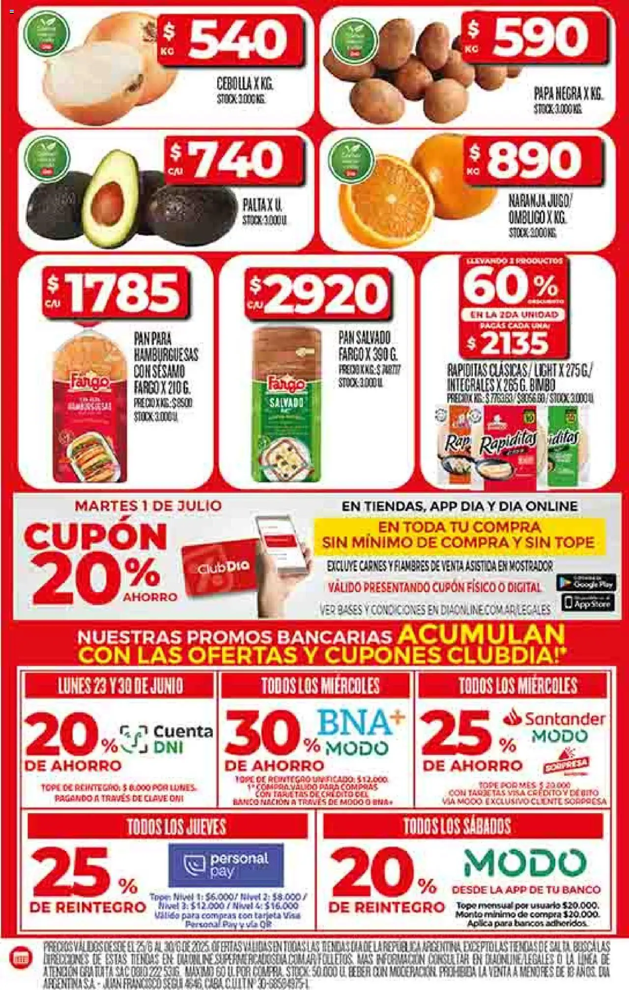 Supermercado DIA Ofertas │ válido desde el 25.06.2025 | Página: 4 | Productos: Banco, Cebolla, Palta, Jugo