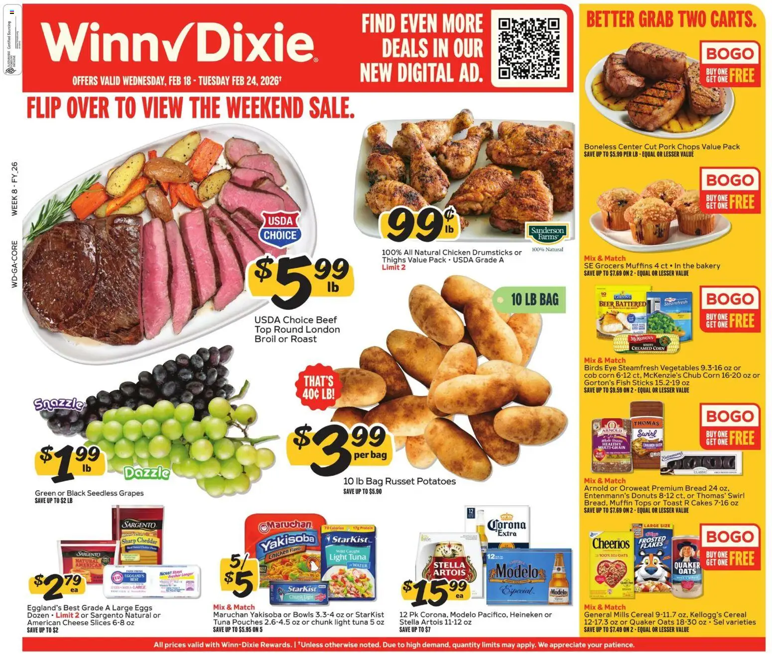 Winn Dixie Weekly Circular - GA - valid from 18.02.2026 | Page: 1 | Products: Bread, Water, Grapes, Bag