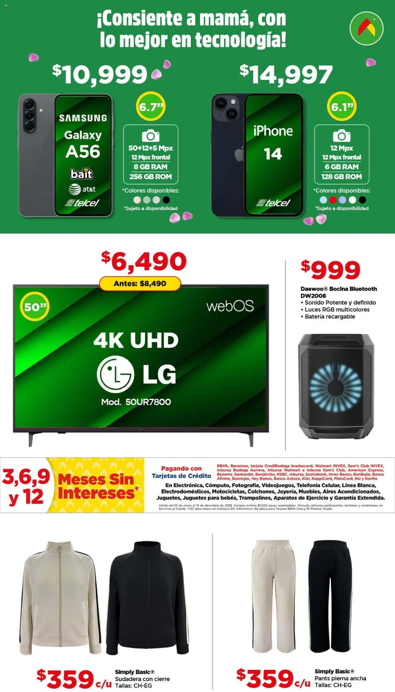 Nuevas ofertas de Bodega Aurrerá válidas en toda la República Mexicana desde el 13.04.2026. ¡Encuentra las mejores ofertas en Bodega Aurrerá folleto Aqui sí te alcanza este Día de las Madres! | Página: 6 | Productos: Bocina, Sudadera, Banco, Batería