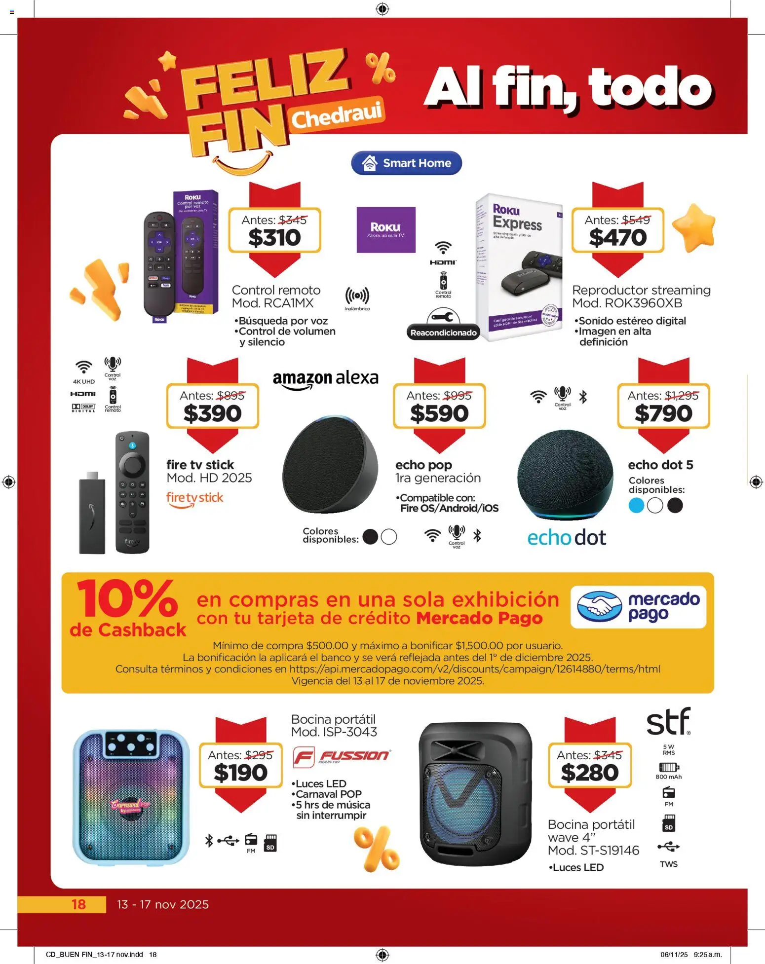Nuevas ofertas de Chedraui válidas en toda la República Mexicana desde el 13.11.2025. ¡Encuentra las mejores ofertas en Chedraui Buen Fin! | Página: 18 | Productos: Reproductor, Control remoto, Bocina, Banco