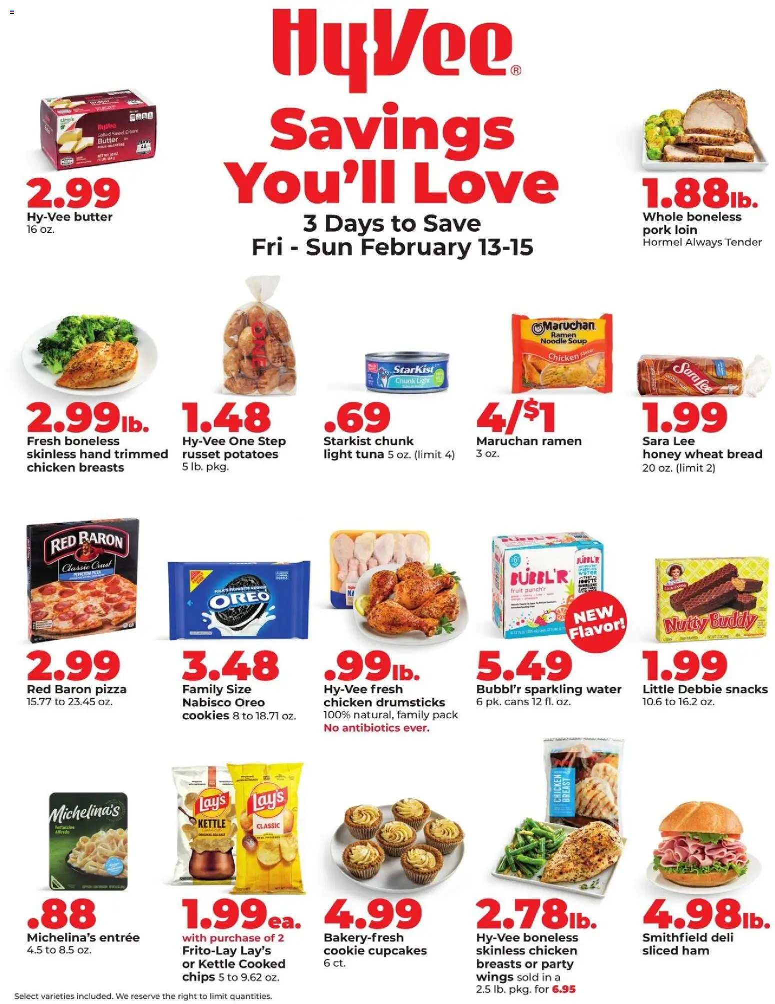HyVee 3 Day Sale - valid from 13.02.2026 | Page: 1 | Products: Bread, Pork, Potatoes, Salt