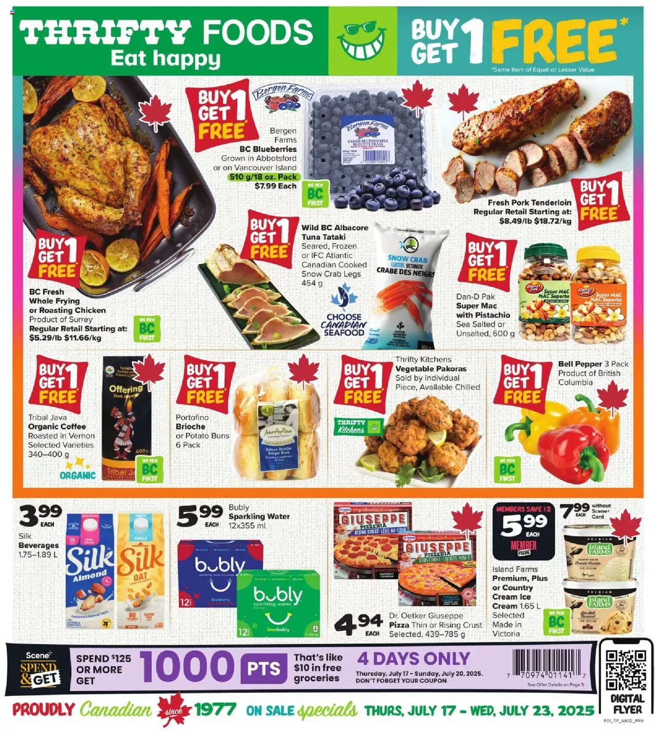 Thrifty Foods flyer valid from 17.07.2025 | Page: 1 | Products: Cream, Coffee, Chicken, Pork