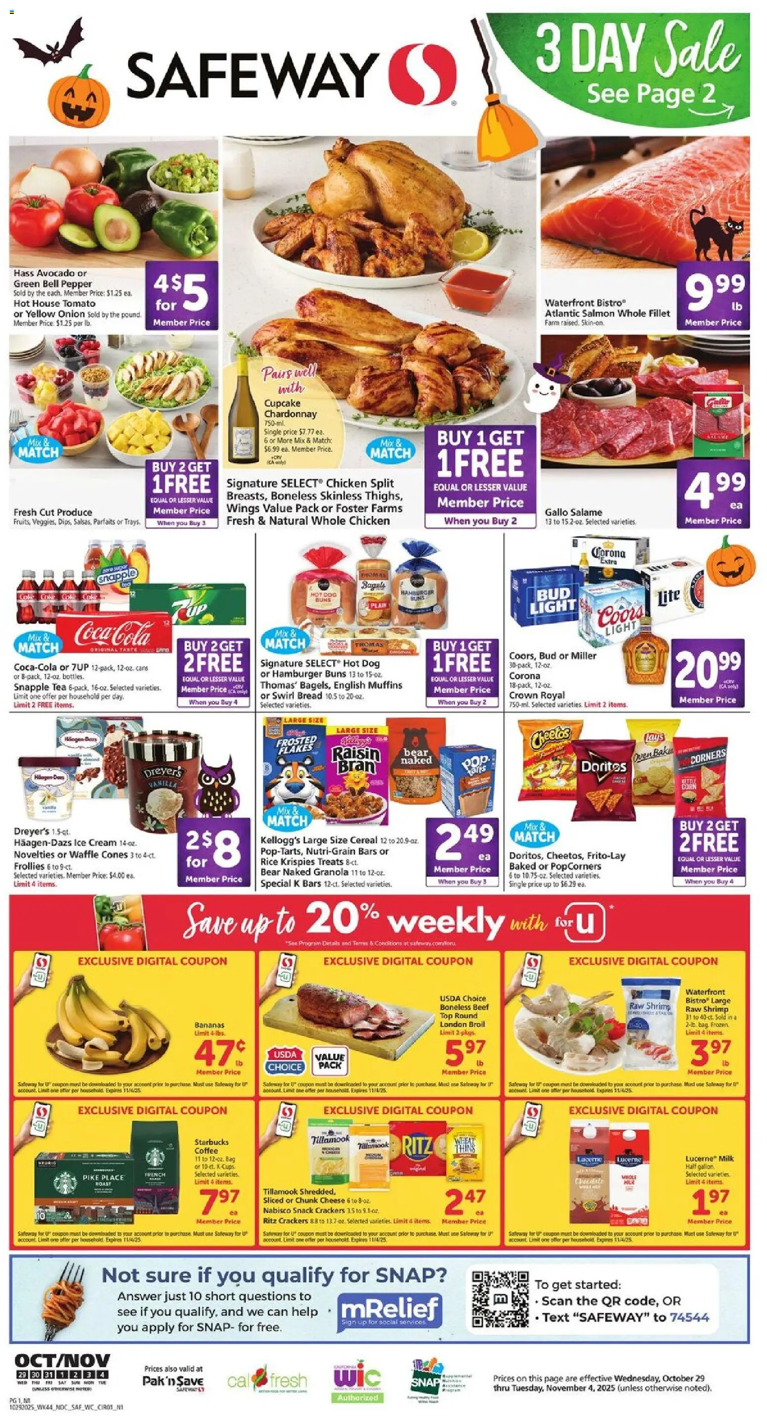 Safeway Weekly Ad - valid from 29.10.2025 | Page: 1 | Products: Cheese, Tea, Ice cream, Cupcake