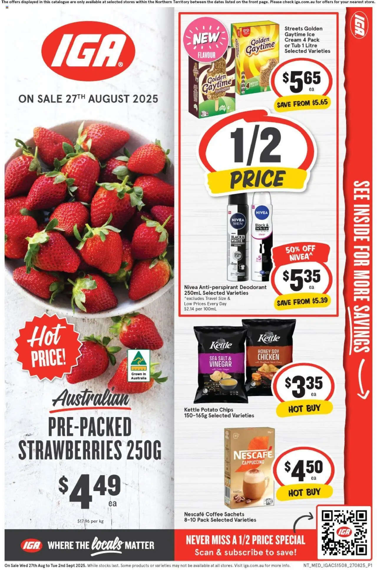 IGA catalogue - valid from 27.08.2025 | Page: 1 | Products: Honey, Strawberries, Cream, Salt