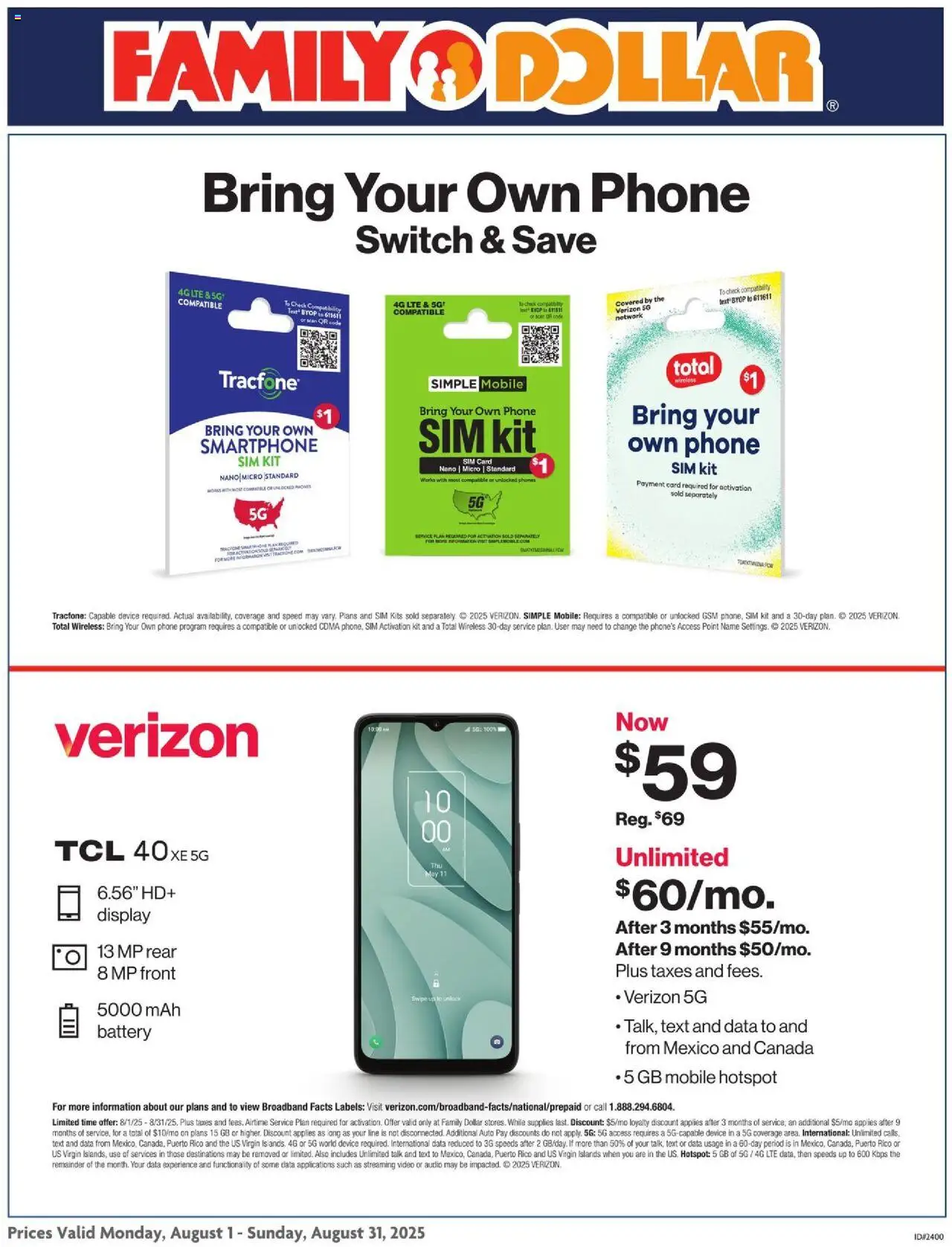 Family Dollar AT&T/Tracfone - valid from 01.08.2025 | Page: 1 | Products: Battery, Switch, Video, Audio