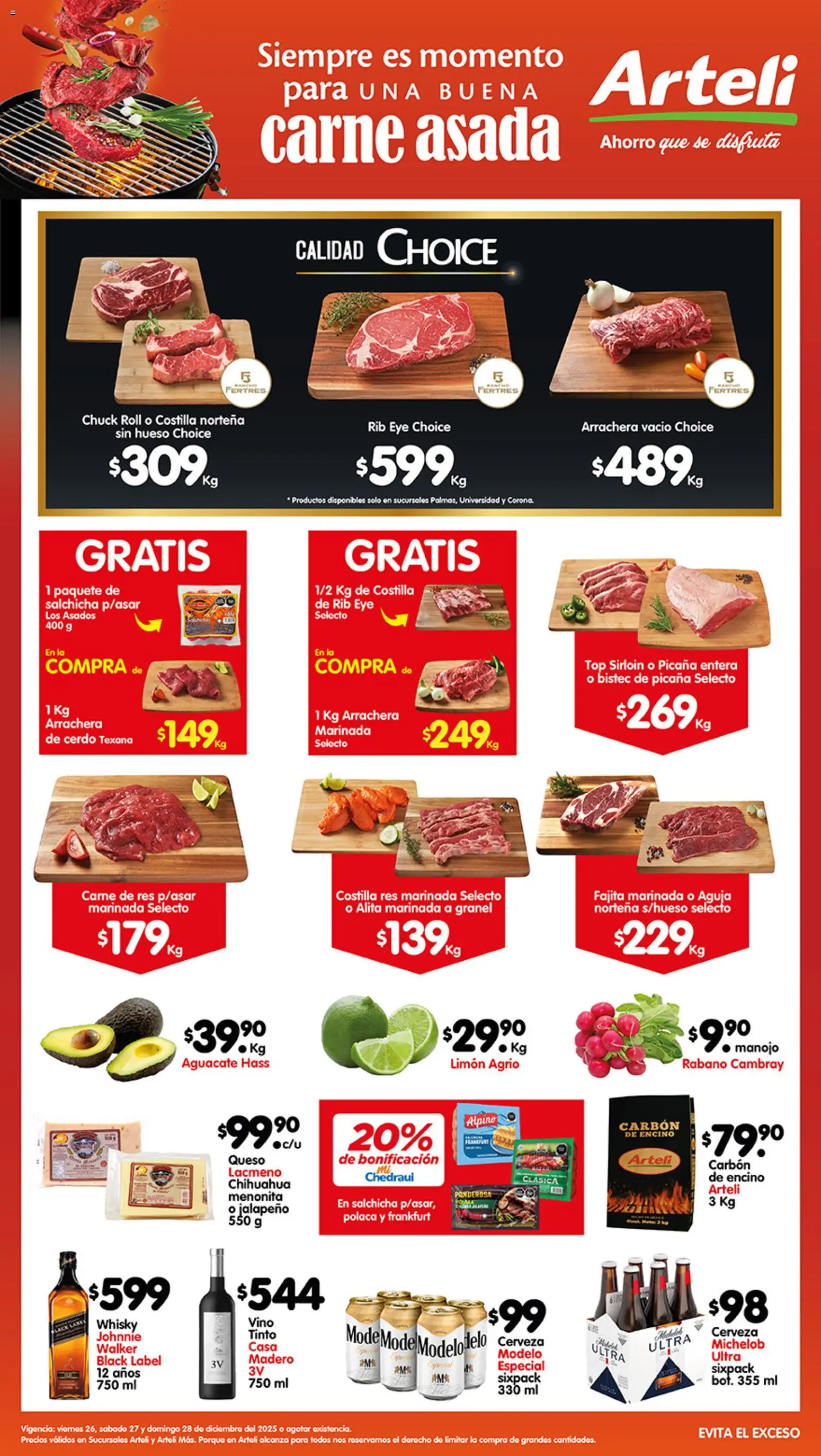 Nuevas ofertas de Arteli válidas en toda la República Mexicana desde el 25.12.2025. ¡Encuentra las mejores ofertas en Arteli folleto Carnes Suc. Valles! | Página: 1 | Productos: Salchicha, Cerveza, Top, Whisky