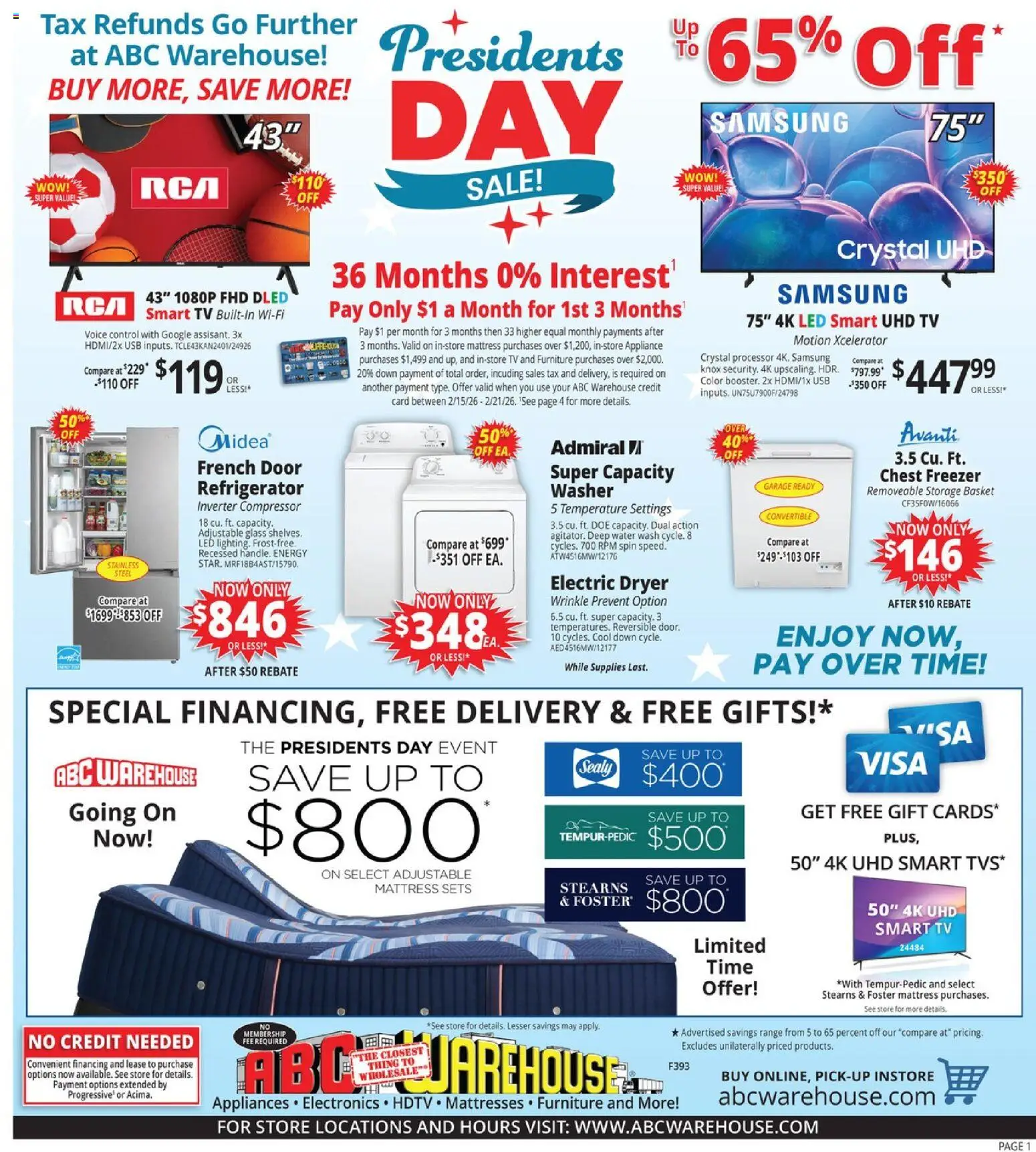 ABC Warehouse Weekly Ad - valid from 15.02.2026 | Page: 1 | Products: Basket, Washer, Usb, Refrigerator