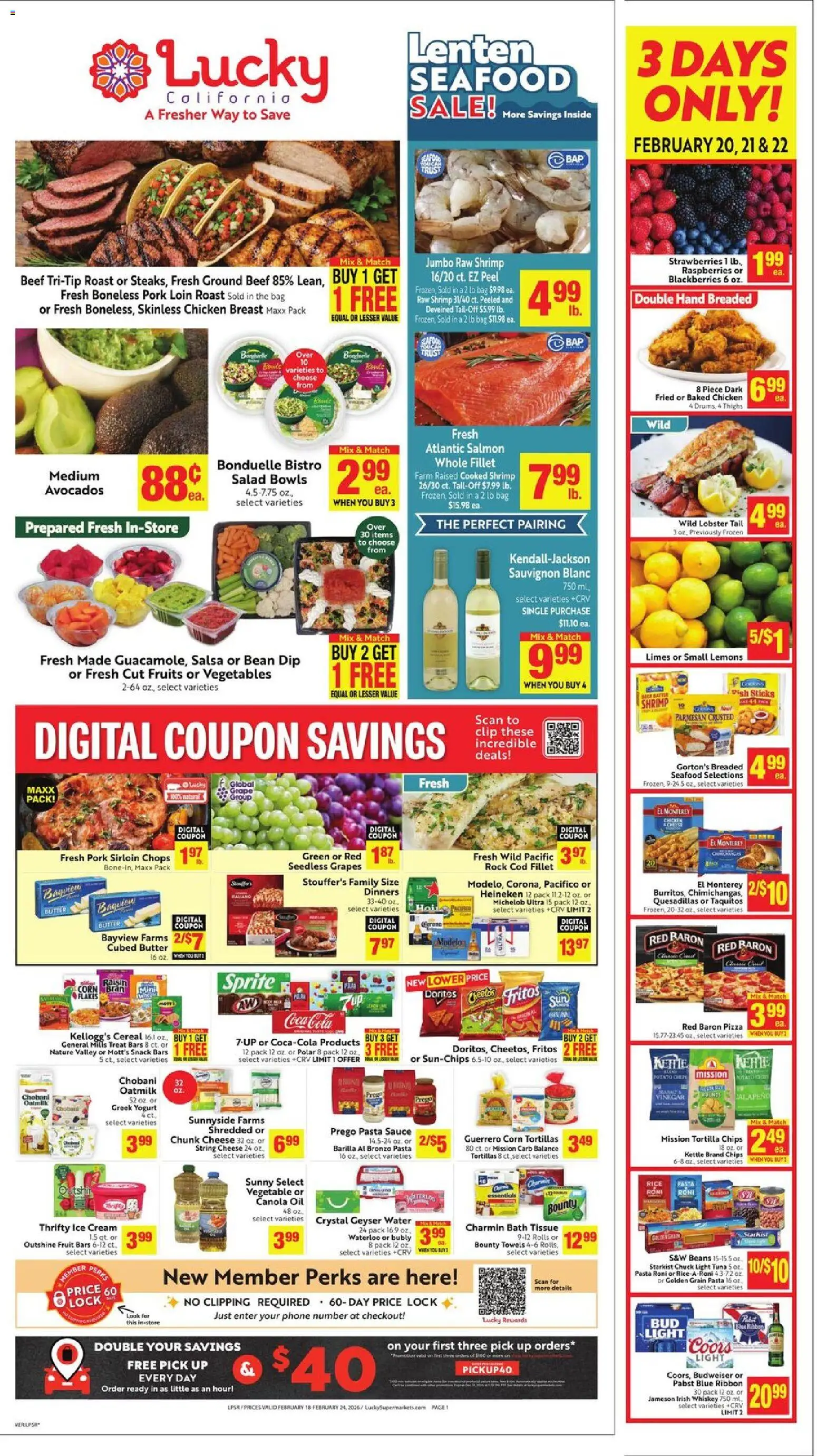 Lucky Supermarkets Weekly - AK - valid from 18.02.2026 | Page: 1 | Products: Corn, Strawberries, Cream, Bag