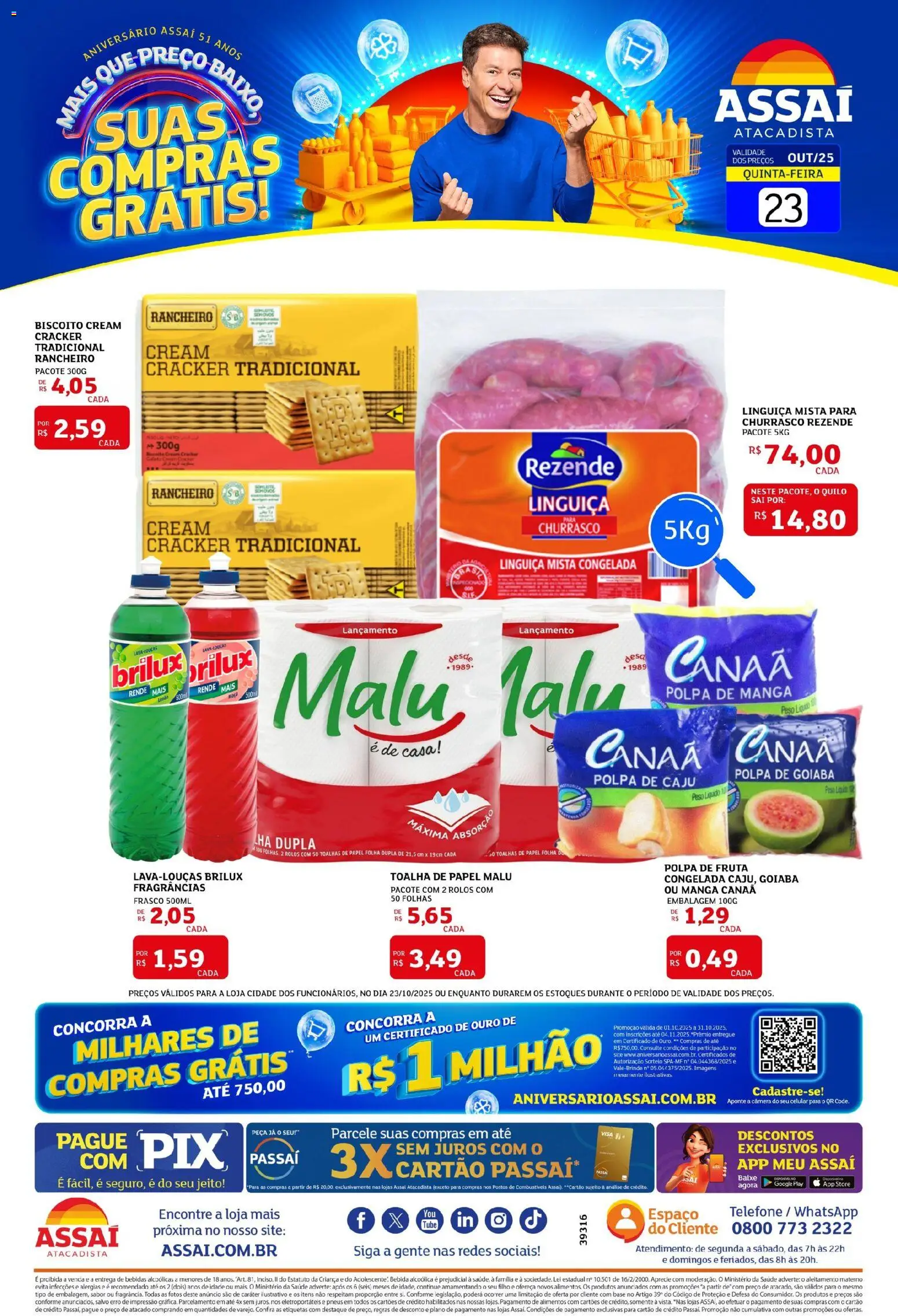 Assaí Atacadista Folheto - válido de 23.10.2025 | Página: 1 | Produtos: Caju, Goiaba, Linguiça, Pneus