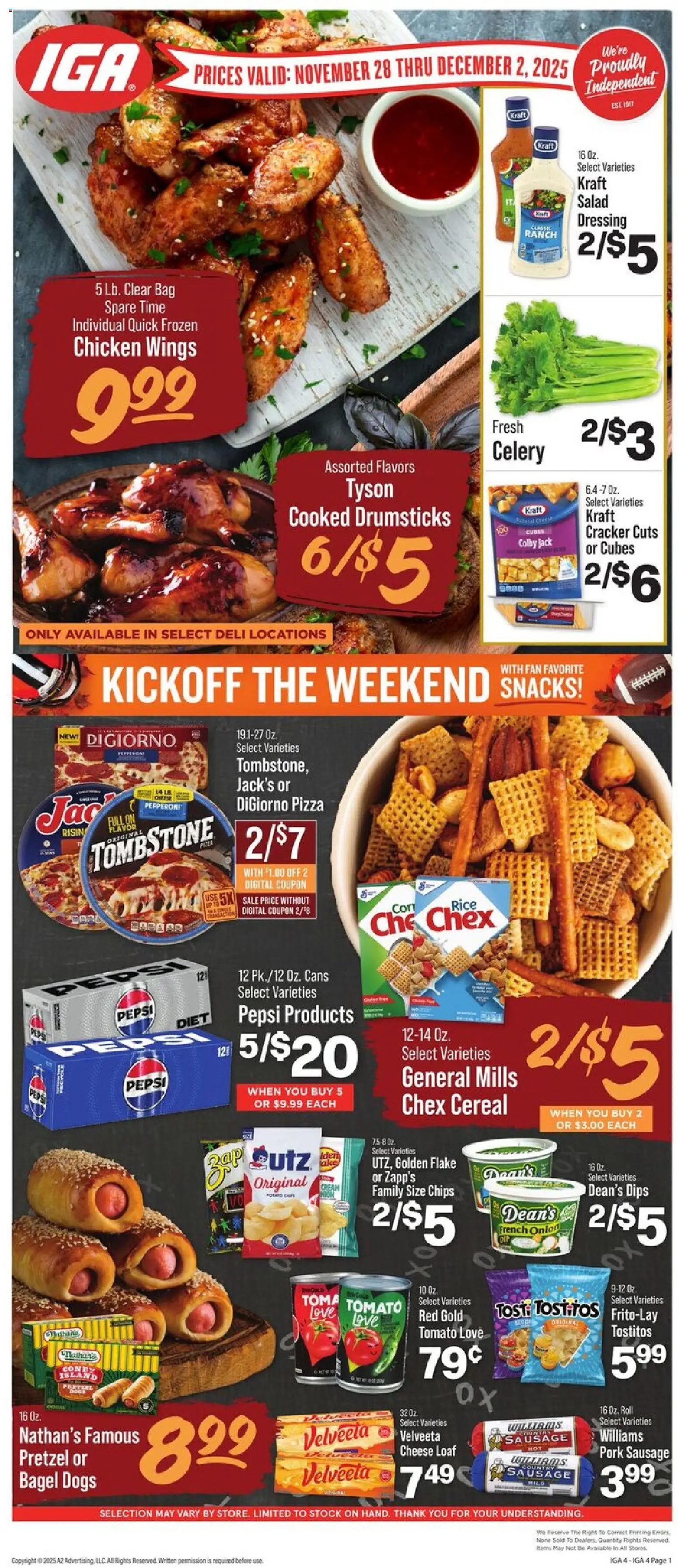 IGA Weekly Ad - valid from 28.11.2025 | Page: 1 | Products: Cheese, Pizza, Sausage, Bag