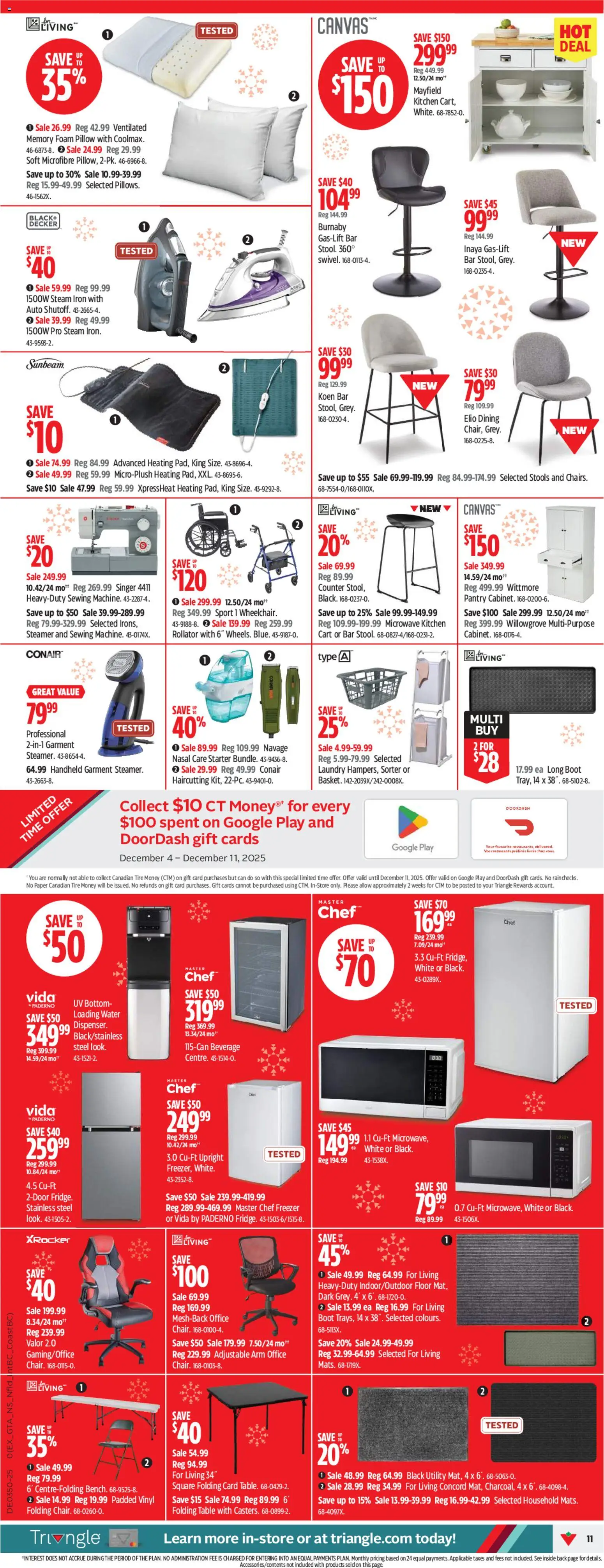 Canadian Tire flyer valid from 04.12.2025 | Page: 13 | Products: Freezer, Iron, Pillow, Table