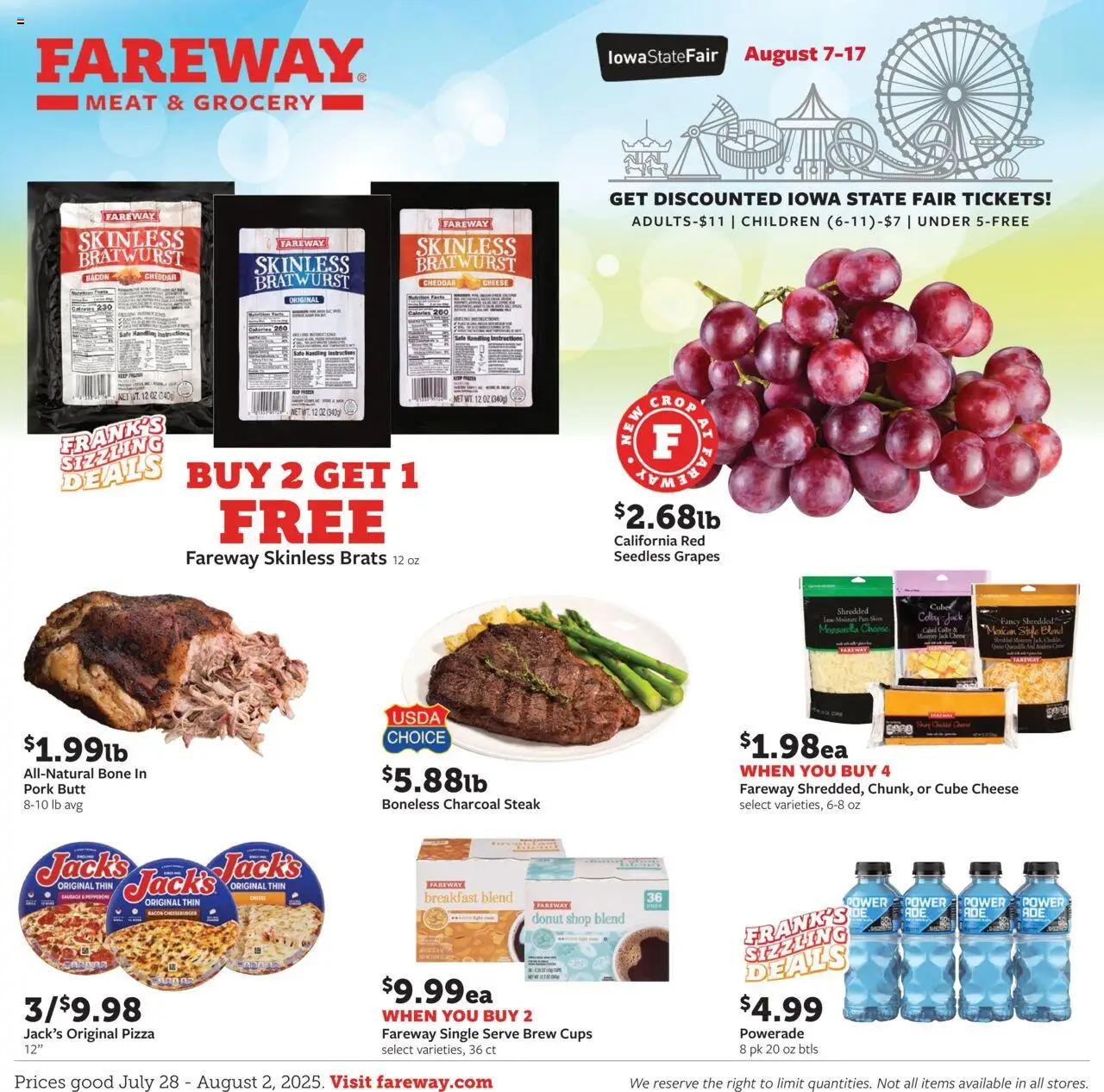 Fareway Weekly Ad - valid from 28.07.2025 | Page: 1 | Products: Safe, Pizza, Pork, Sausage