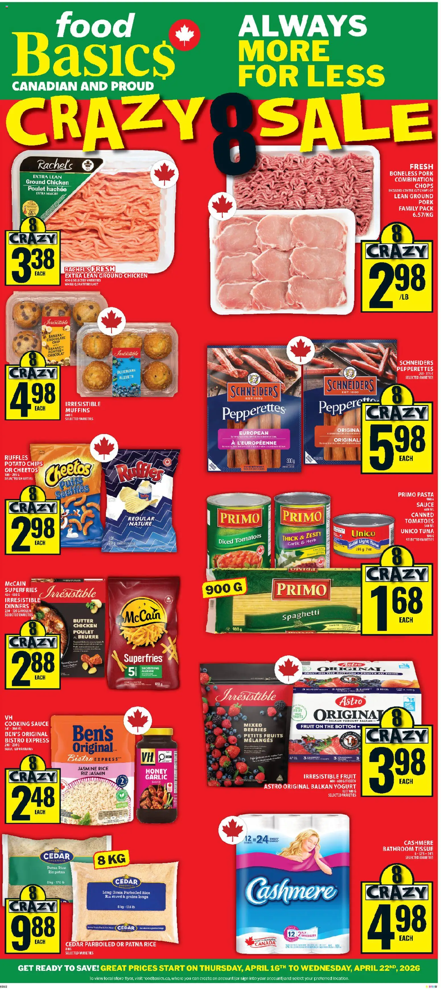 Food Basics flyer valid from 16.04.2026 | Page: 1 | Products: Chips, Chocolate, Chicken, Pork